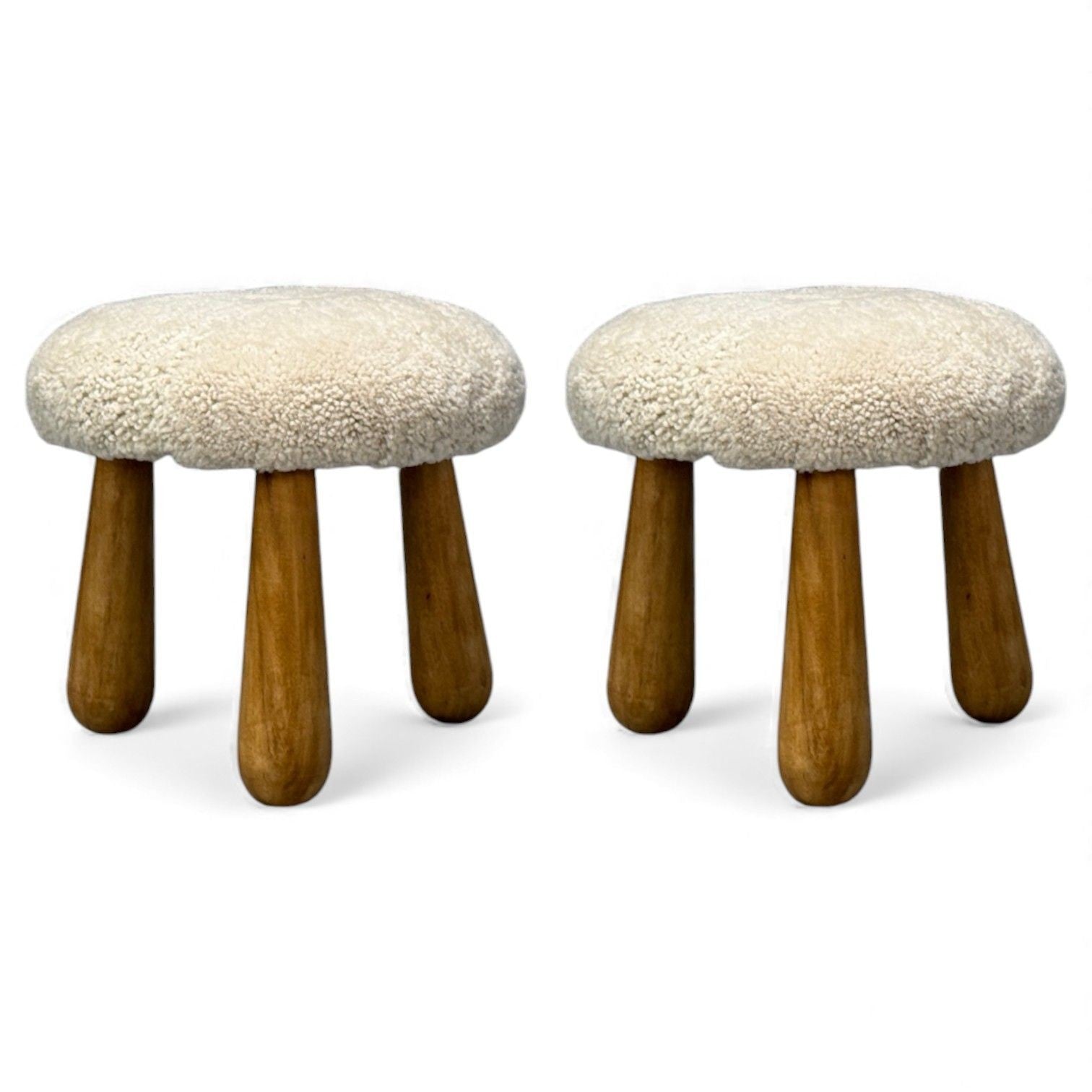 Danish Modern Style, Sheepskin Stools, Beige Shearling, Maple, USA, 21st c.