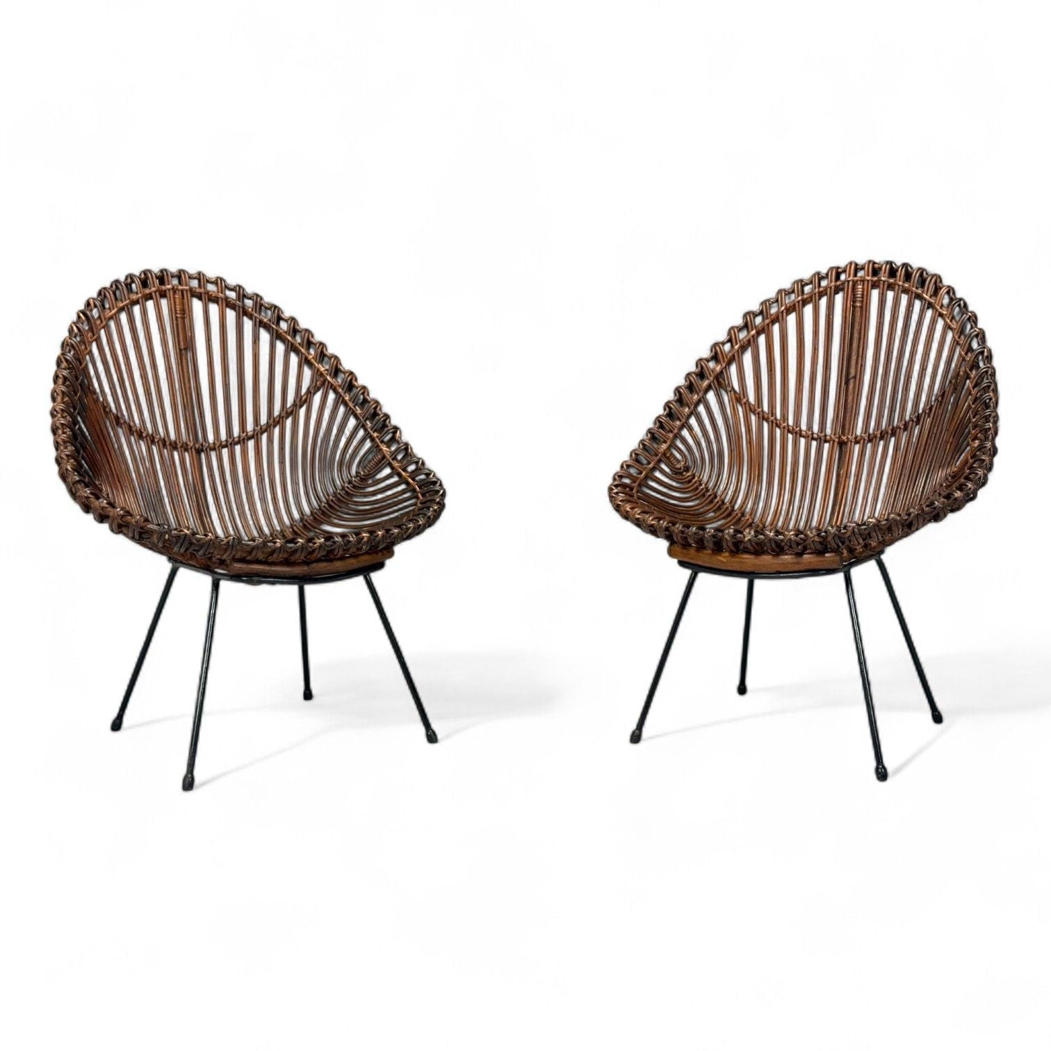 Italian Modern, Metal, Bamboo, Rattan, Lounge Chairs, Italy, 1950s