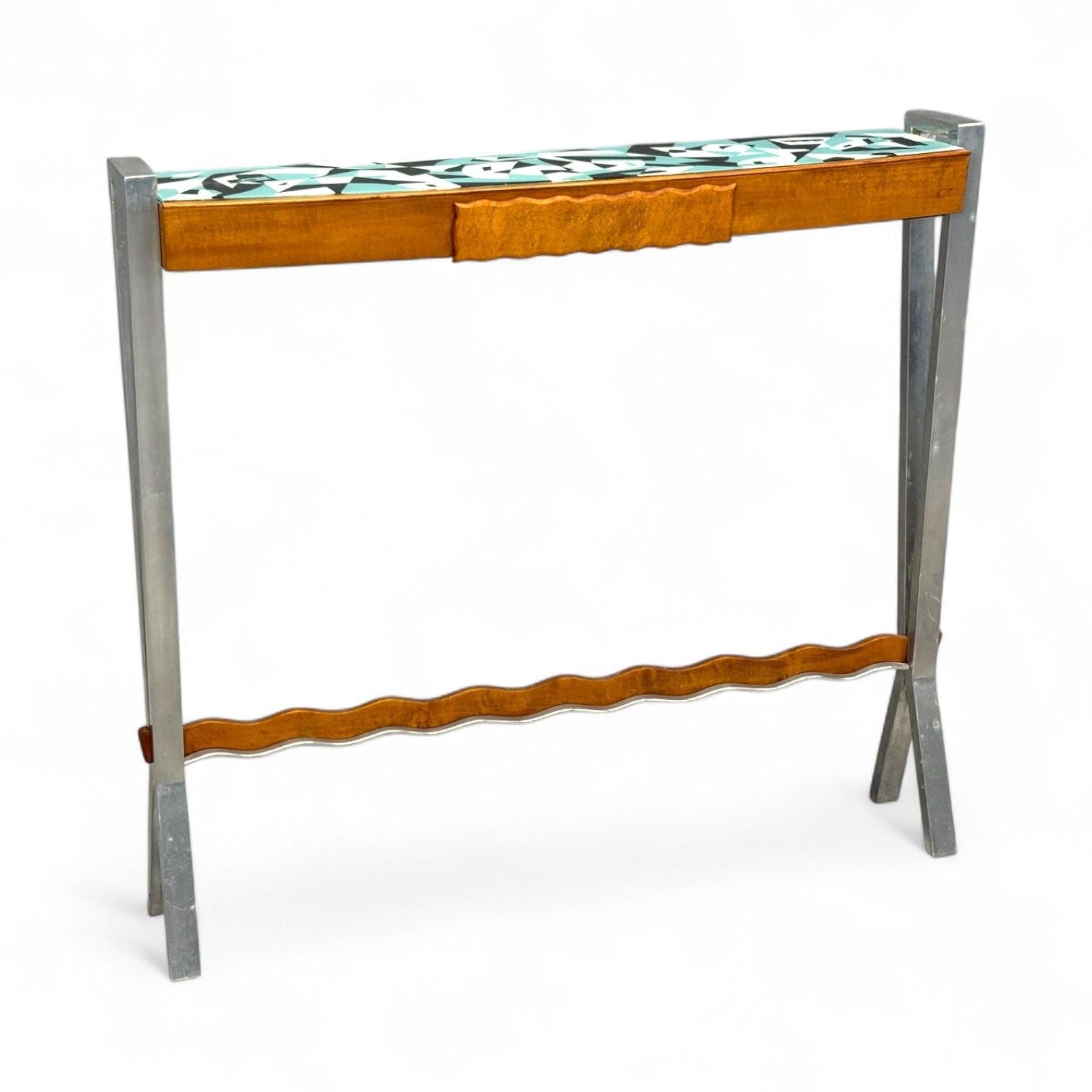 Italian Modern, Painted Glass, Ash Wood, Metal, Console Table, Italy, 1960s