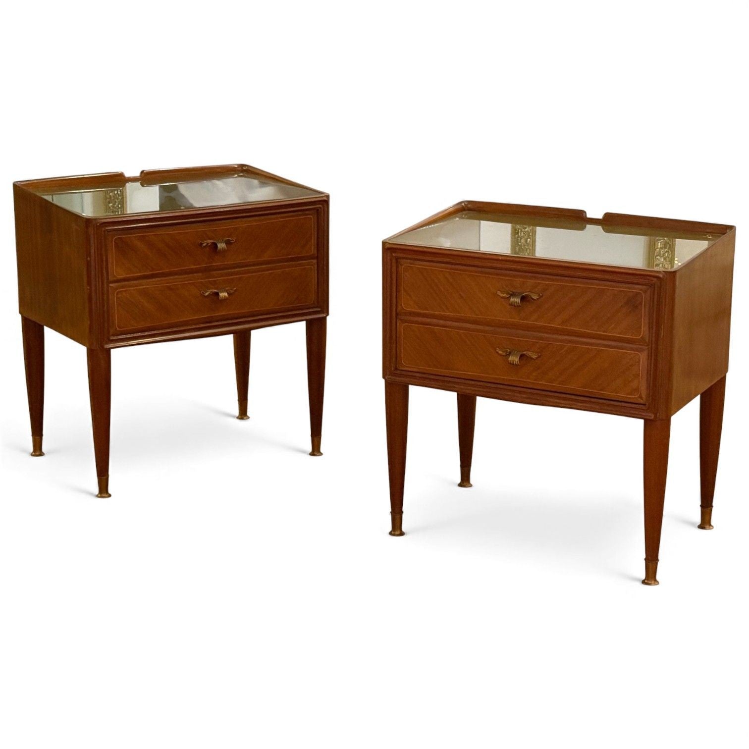 Italian Modern, Stained Wood, Brass, Glass, Nightstands, Italy, 1950s