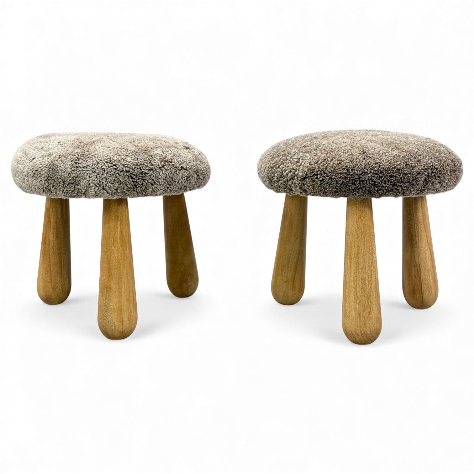 Danish Modern Style, Gray Sheepskin, Maple, Shearling Footstools, 21st c.