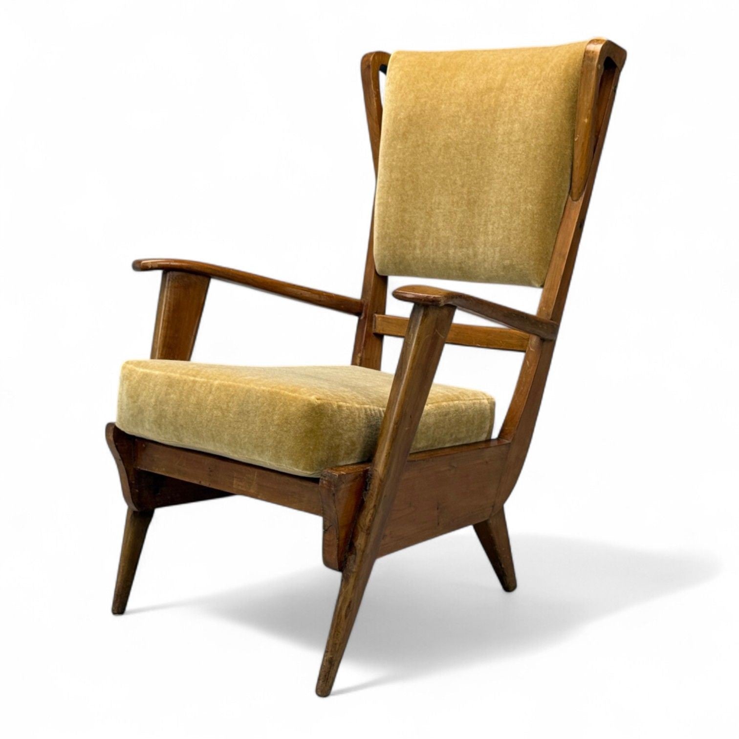 Italian Modern, Stained Wood, Camel Mohair, Lounge Chair, Italy, 1950s
