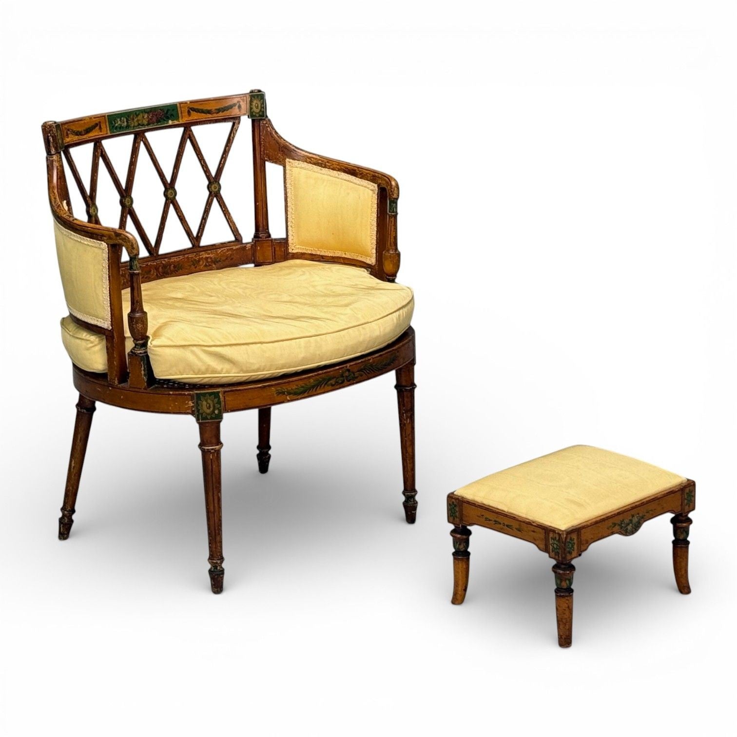 Adams Style, Chair and Ottoman, Painted Wood, Fabric, USA, 1930s