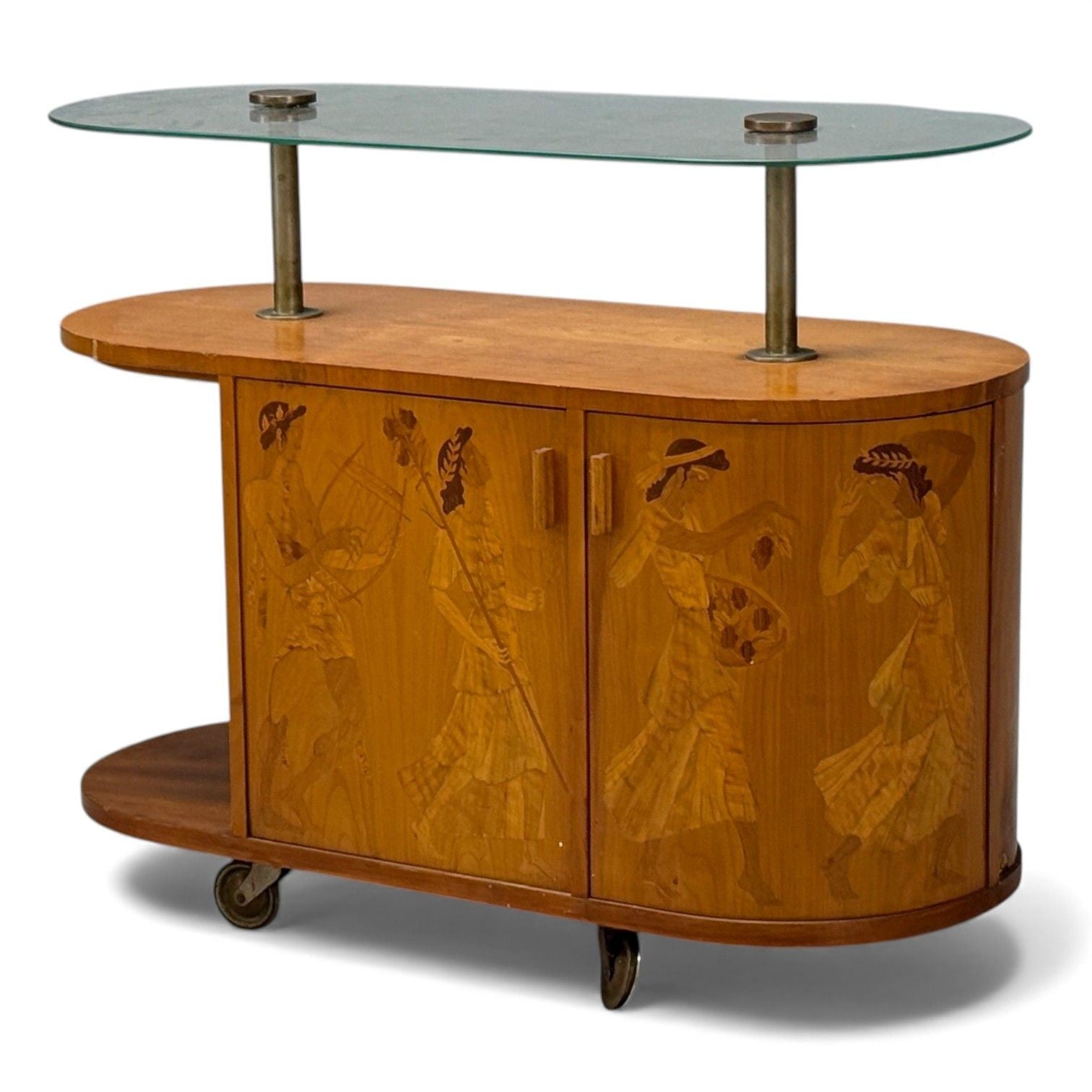 Erik Mattsson, Art Deco, Marquetry, Glass, Rare Bar Cart, Sweden c. 1939