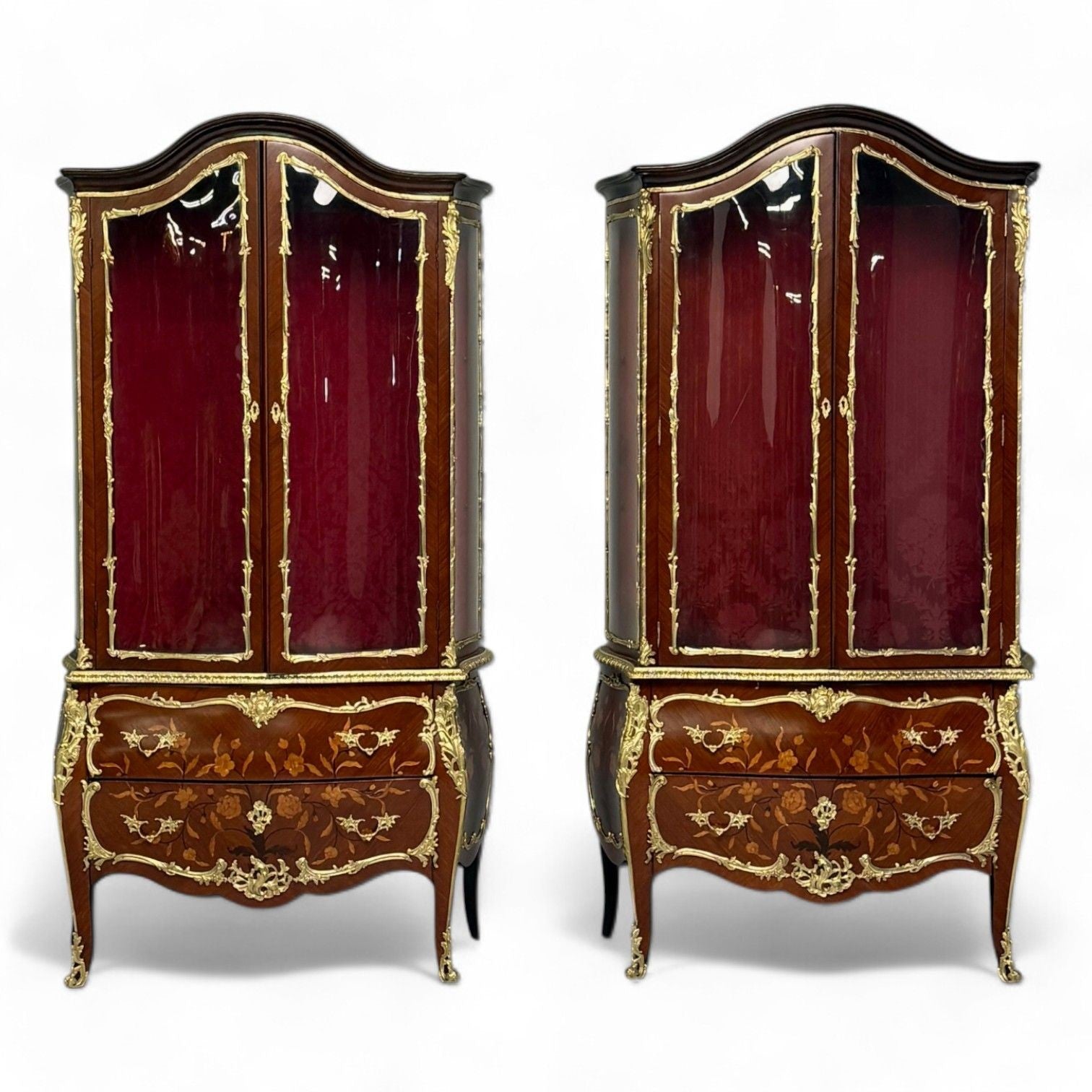 Louis XV Style, Bombe Vitrines, Ormolu Bronze, Inlaid Marquetry, France, 19th