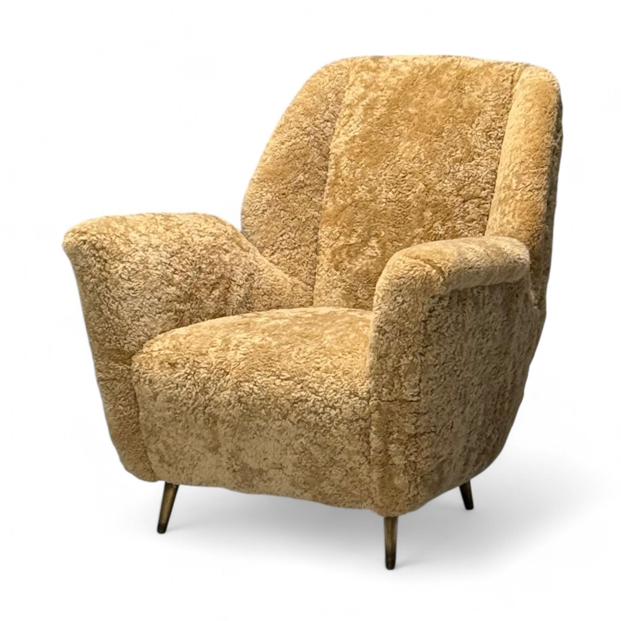 ISA Bergamo, Italian Mid-Century Modern, Lounge Chair, Brass, Shearling, 1950s