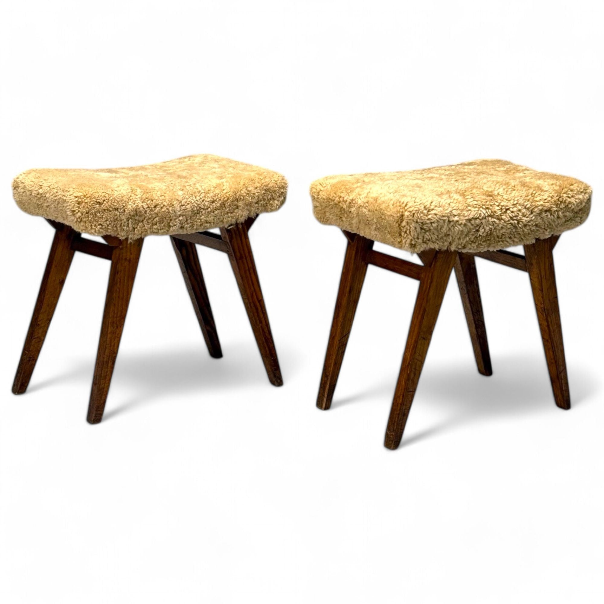Italian Mid-Century Modern, Rustic Stools, Honey Shearling, Stained Wood, 1950s