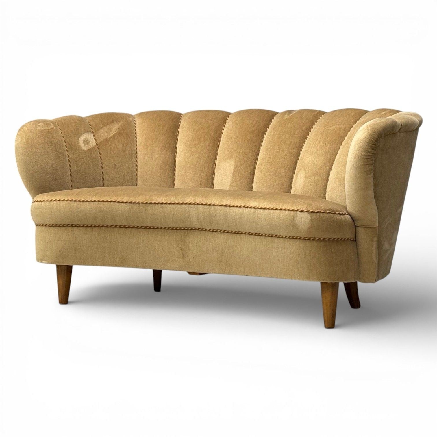 Finnish Modern, Settee, Beige Velvet, Wood, Finland, 1950s