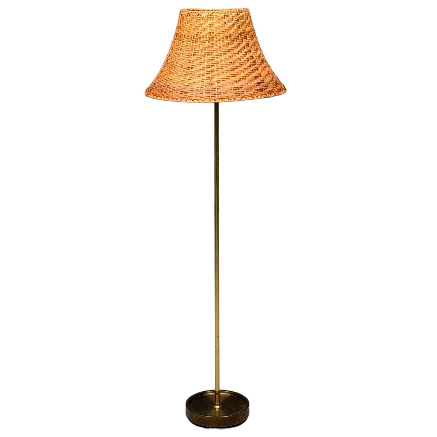Falkenbergs Belysning, Floor Lamp, Brass, Rattan, Sweden, 1950s