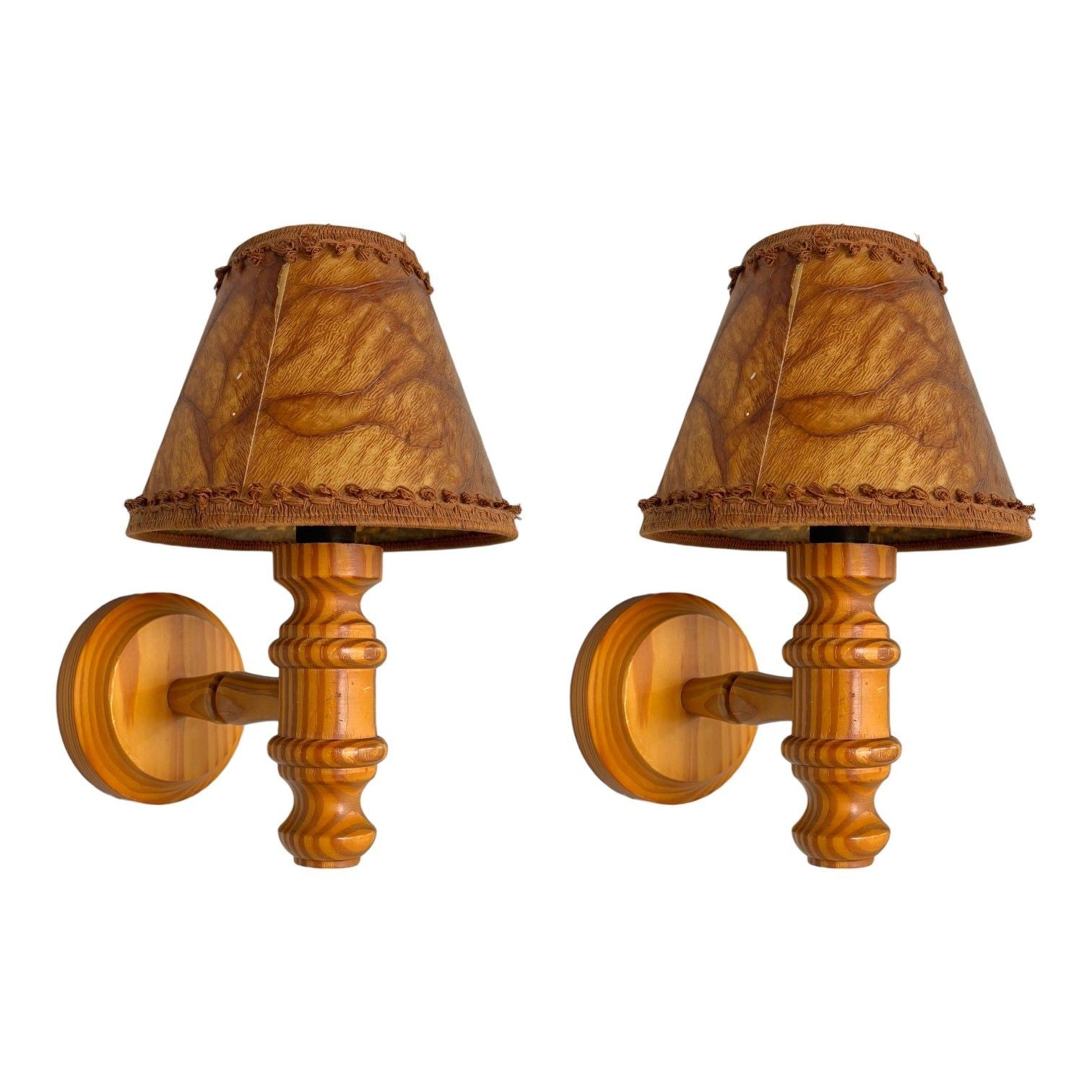 Swedish Modern, Pine, Brown Parchment, Wall Sconces, Sweden, 1970s