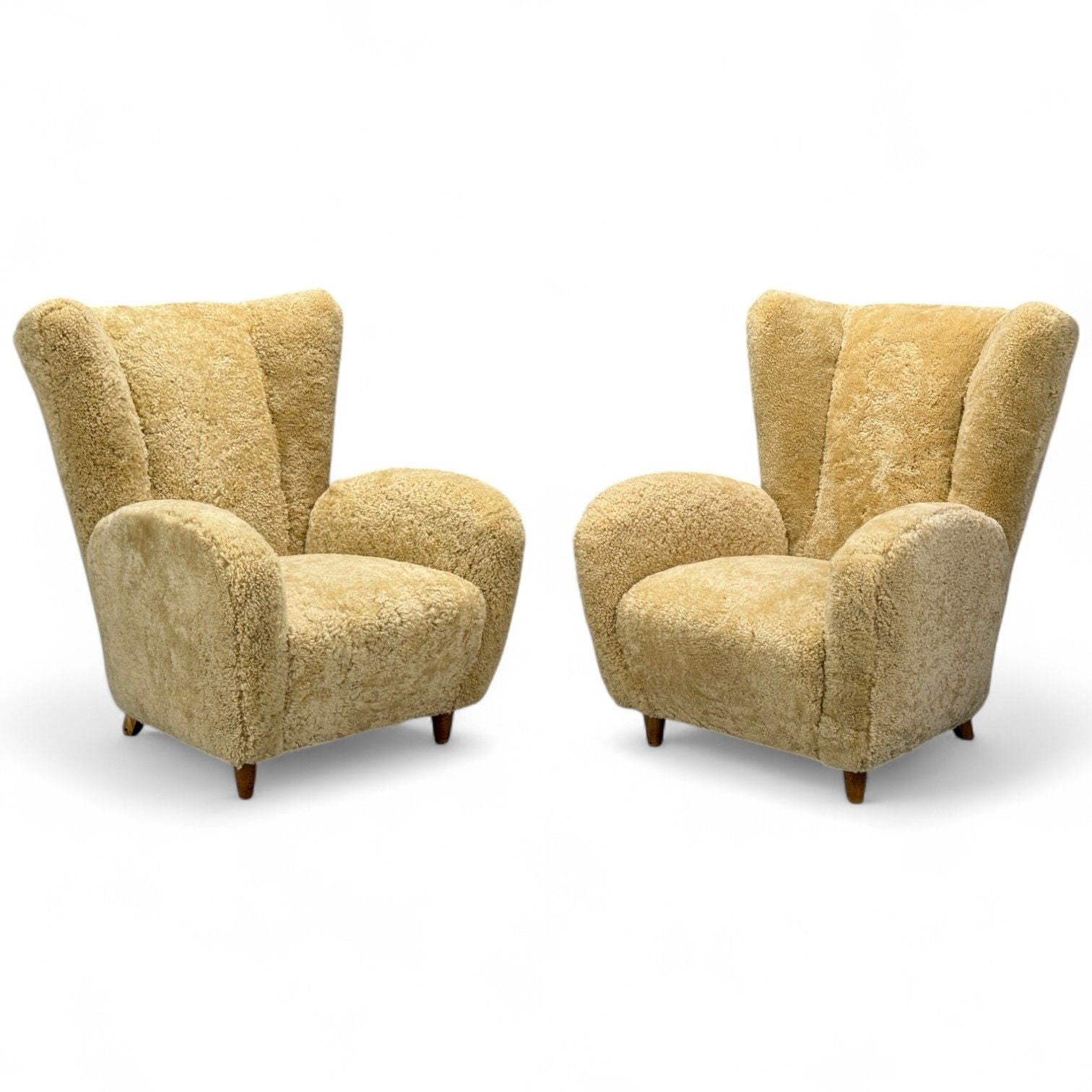 Meroni & Fossati, Beige Shearling, Stained Wood, Lounge Chairs, Italy, 1950s