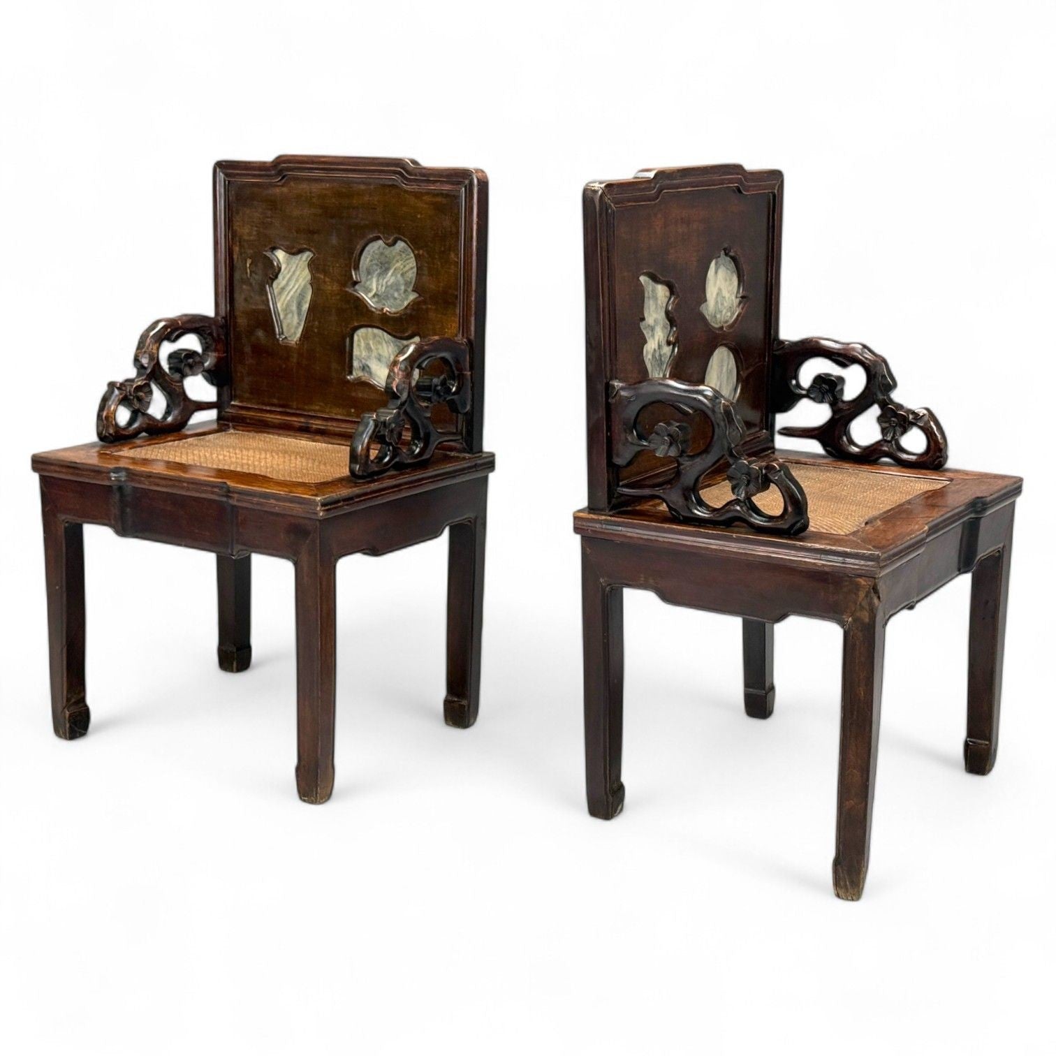 Qing Dynasty Style, Hardwood, Cane, Marble, Chinese Armchairs, China, 19th c.