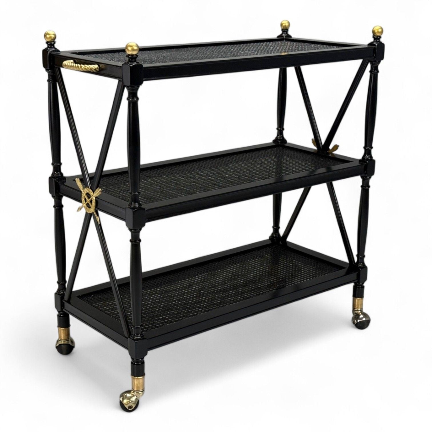 Federal Style, Painted Wood, Cane, Ebonized Bar Cart, USA, 1970s