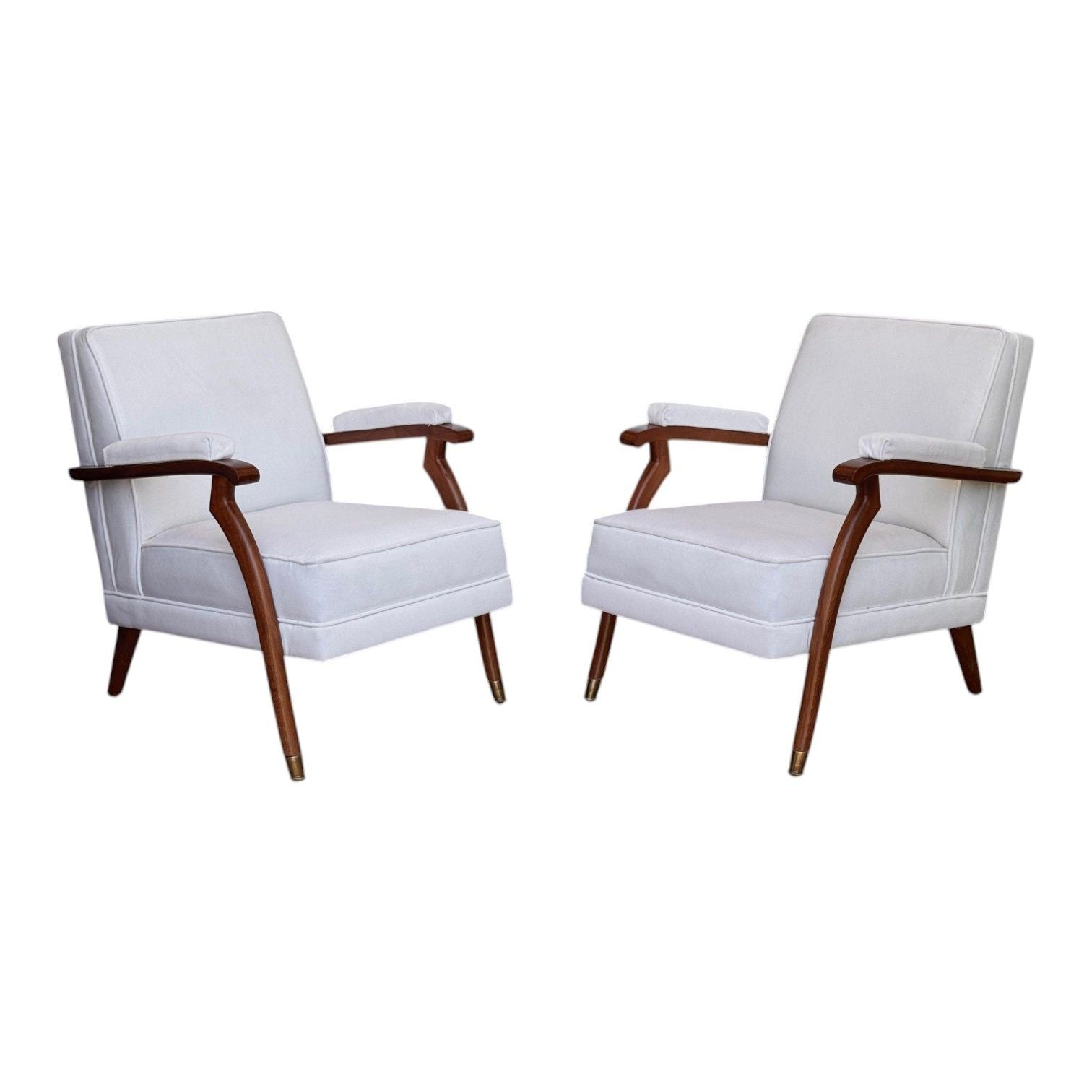 Maison Leleu Style, French Modern, White Mohair, Wood, Lounge Chairs, 1970s
