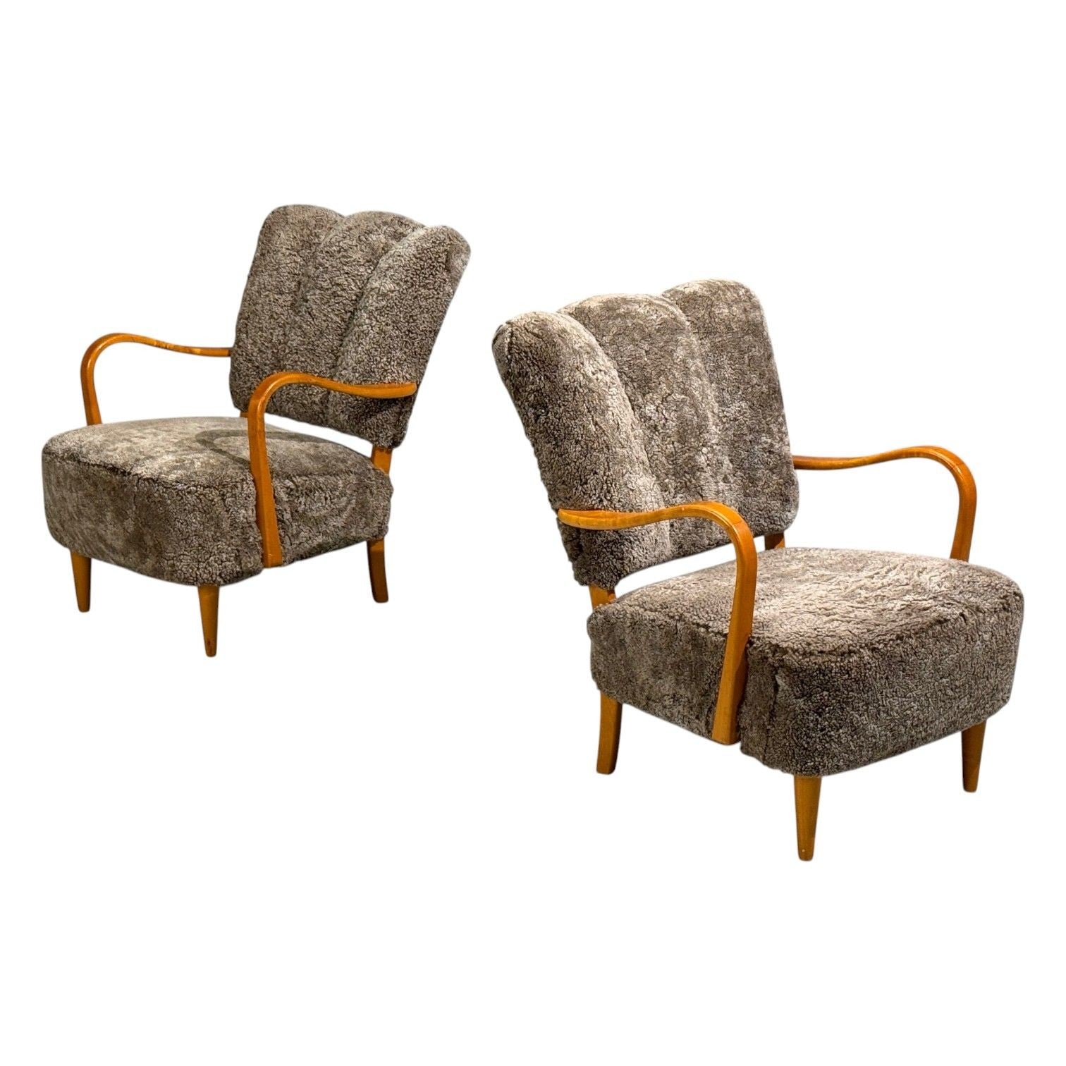 Swedish Modern, Lounge Chairs, Elm, Gray Shearling, Sweden, 1940s