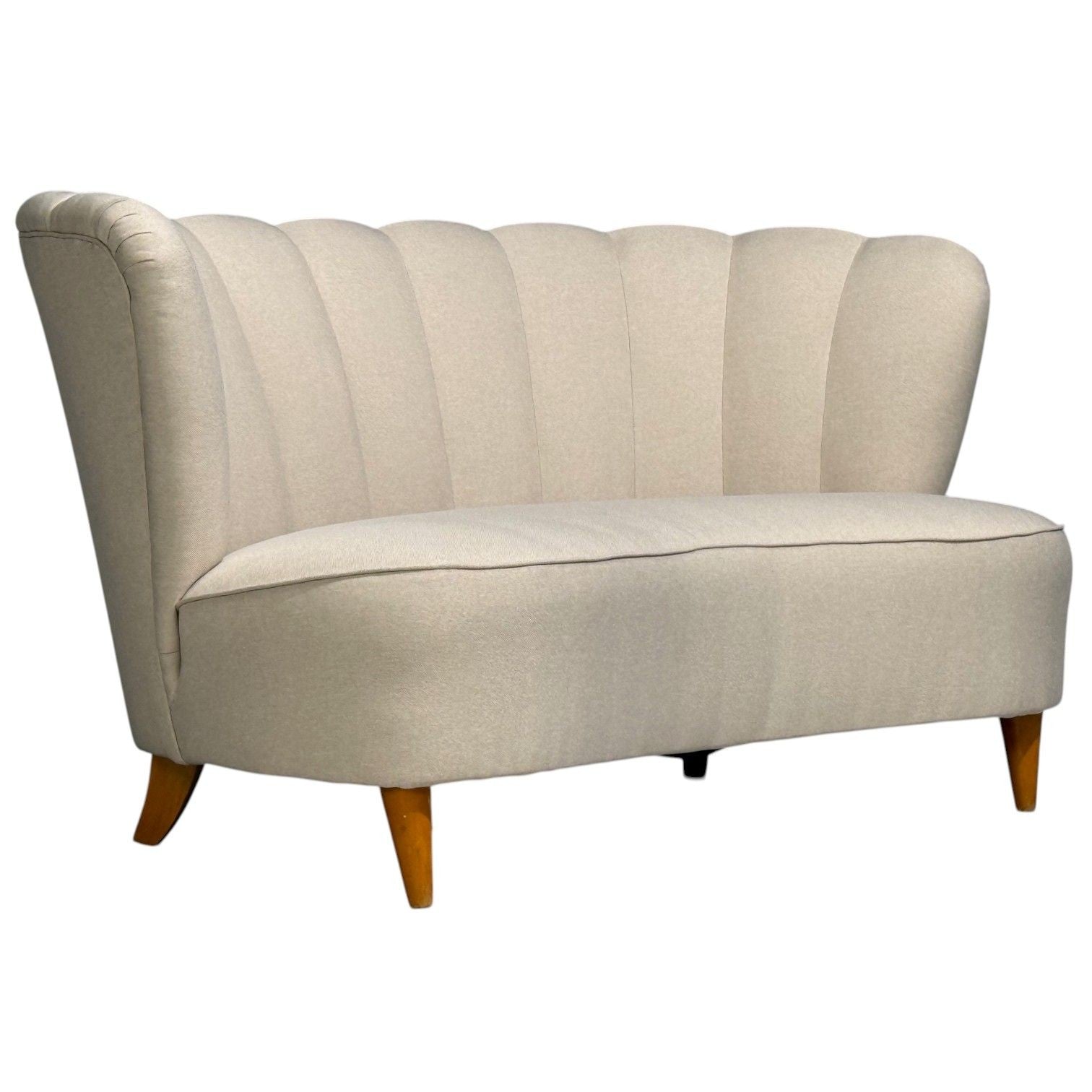 Carl-Johan Boman, Settee, Beige Linen, Wood, Finland, 1950s