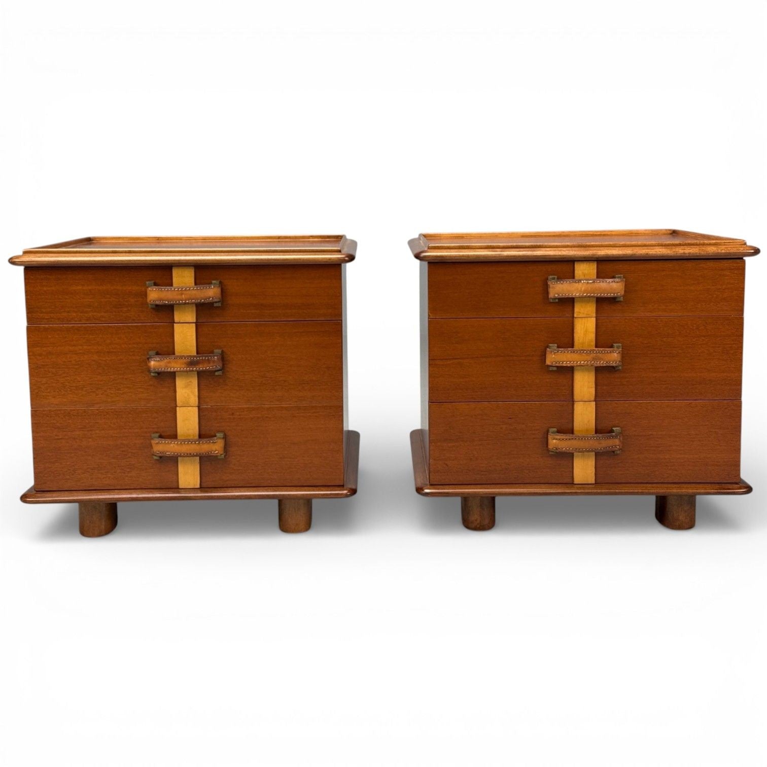 Paul Frankl, Rare Nightstands, Mahogany, Rock Maple, Brass, Leather, USA, 1950s