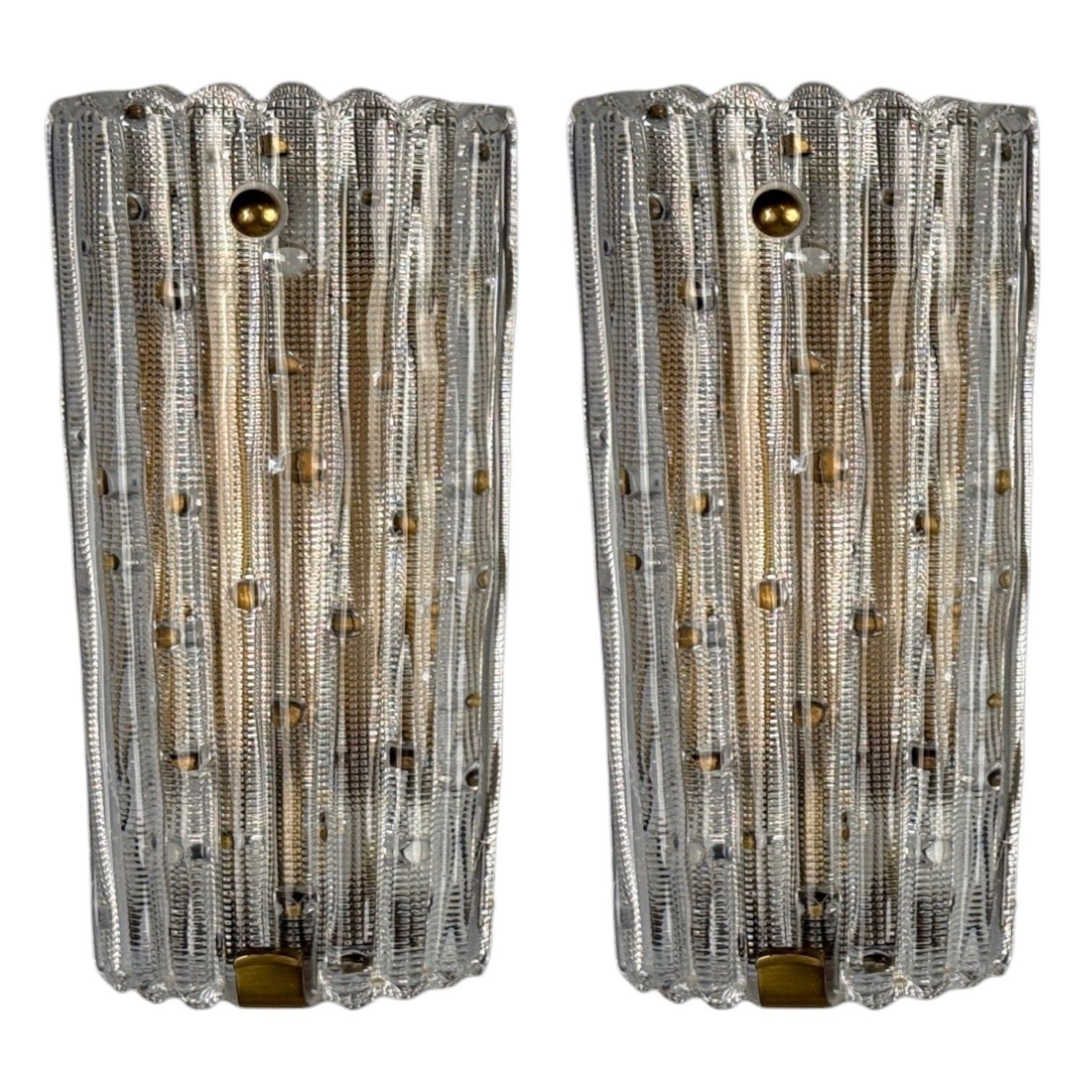 Carl Fagerlund, Textured Glass, Brass, Large Wall Sconces, Sweden, 1940s