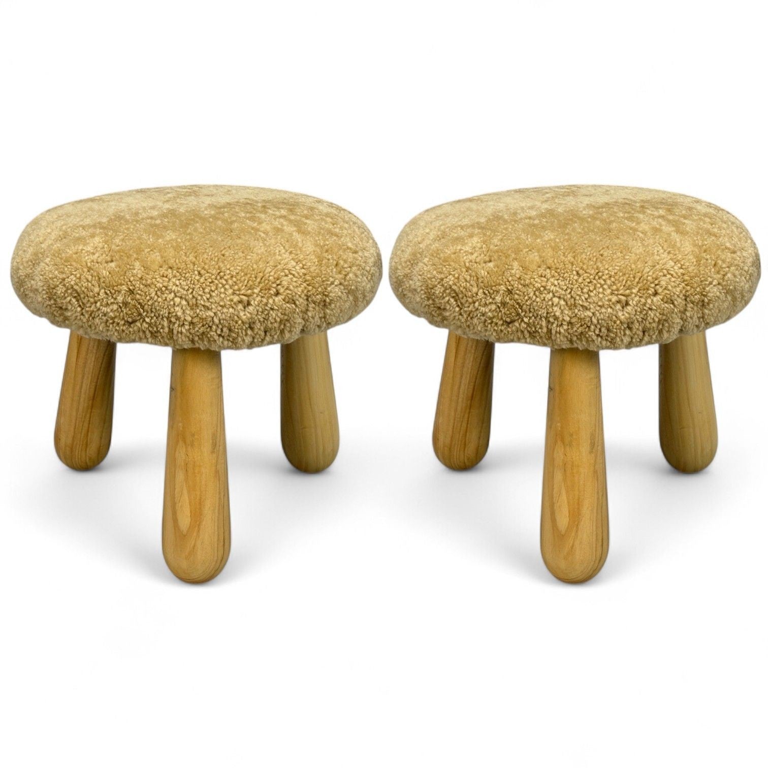 Danish Modern Style, Honey Sheepskin, Maple, Shearling Footstools, 21st C.
