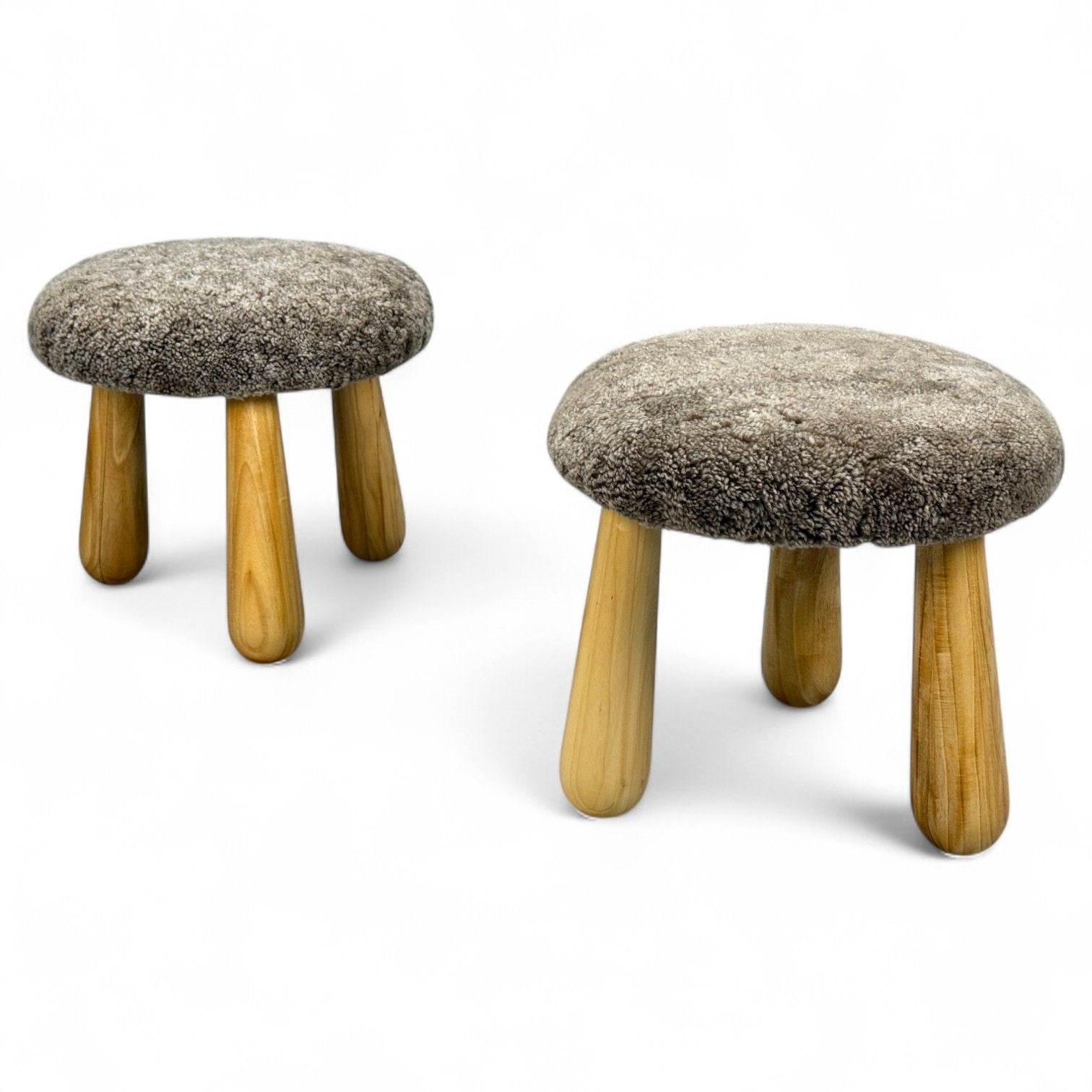 Danish Modern Style, Brown Sheepskin, Maple, Shearling Footstools, 21st c.