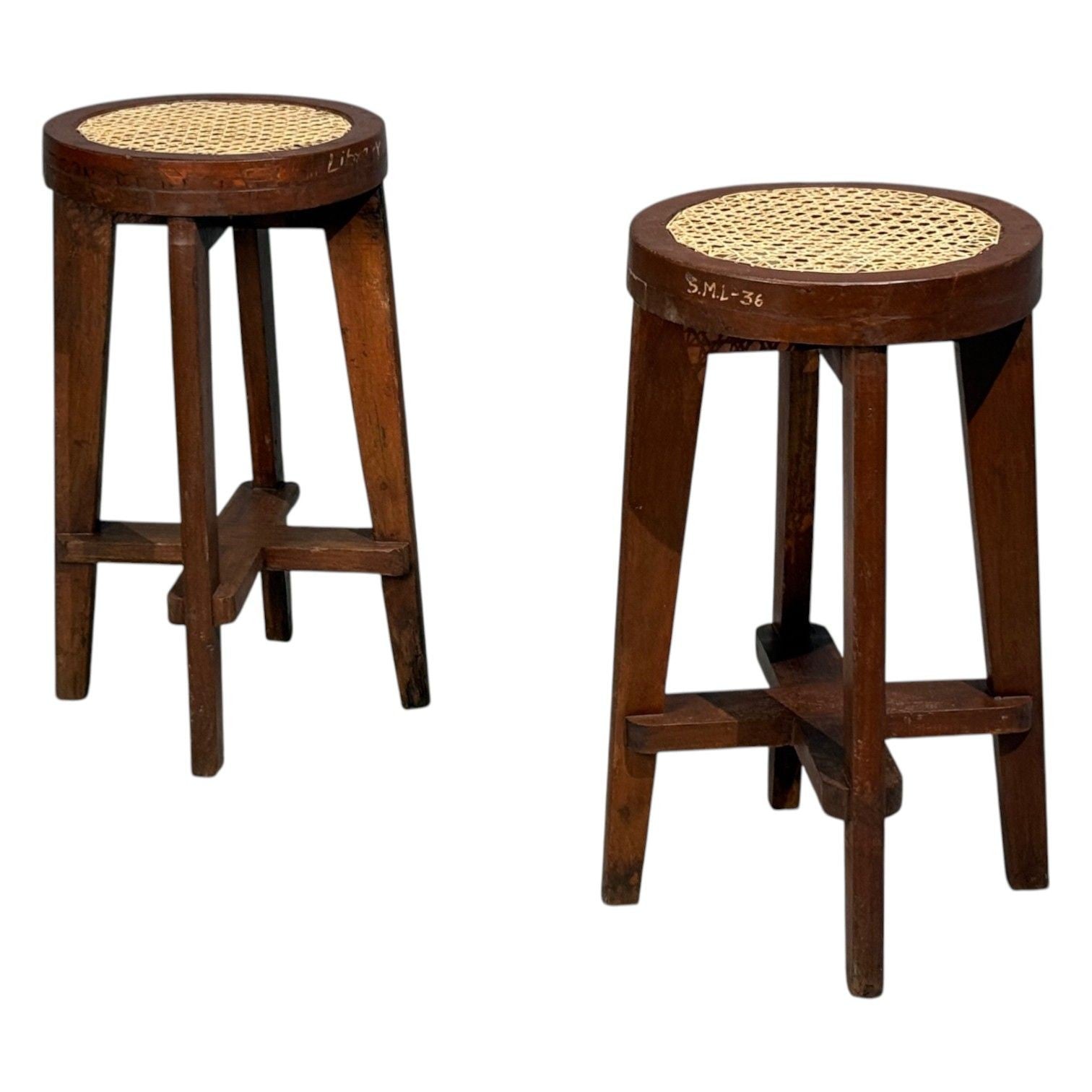 Pierre Jeanneret, High Stools, Cane, Teak, Chandigarh, India c. 1960s