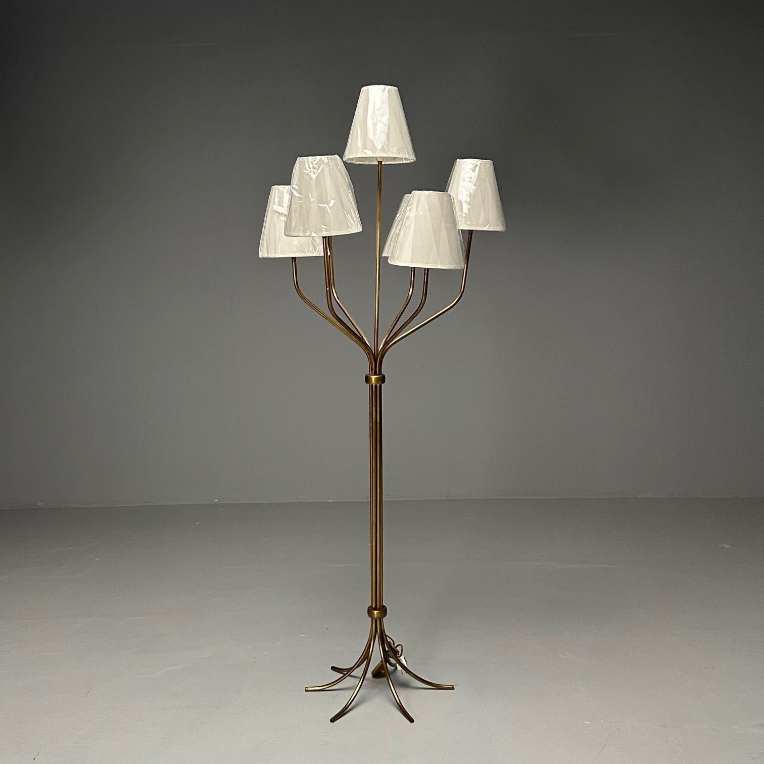 French Mid-Century Modern Style, Gilt Metal, Fabric, Vintage Floor Lamps