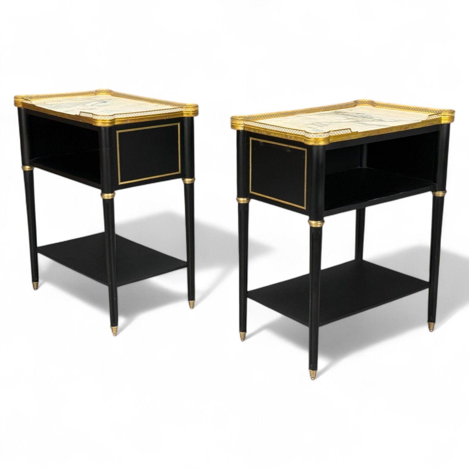 Maison Jansen Style, Hollywood Regency, Brass, Marble, Ebonized Open Nightstands