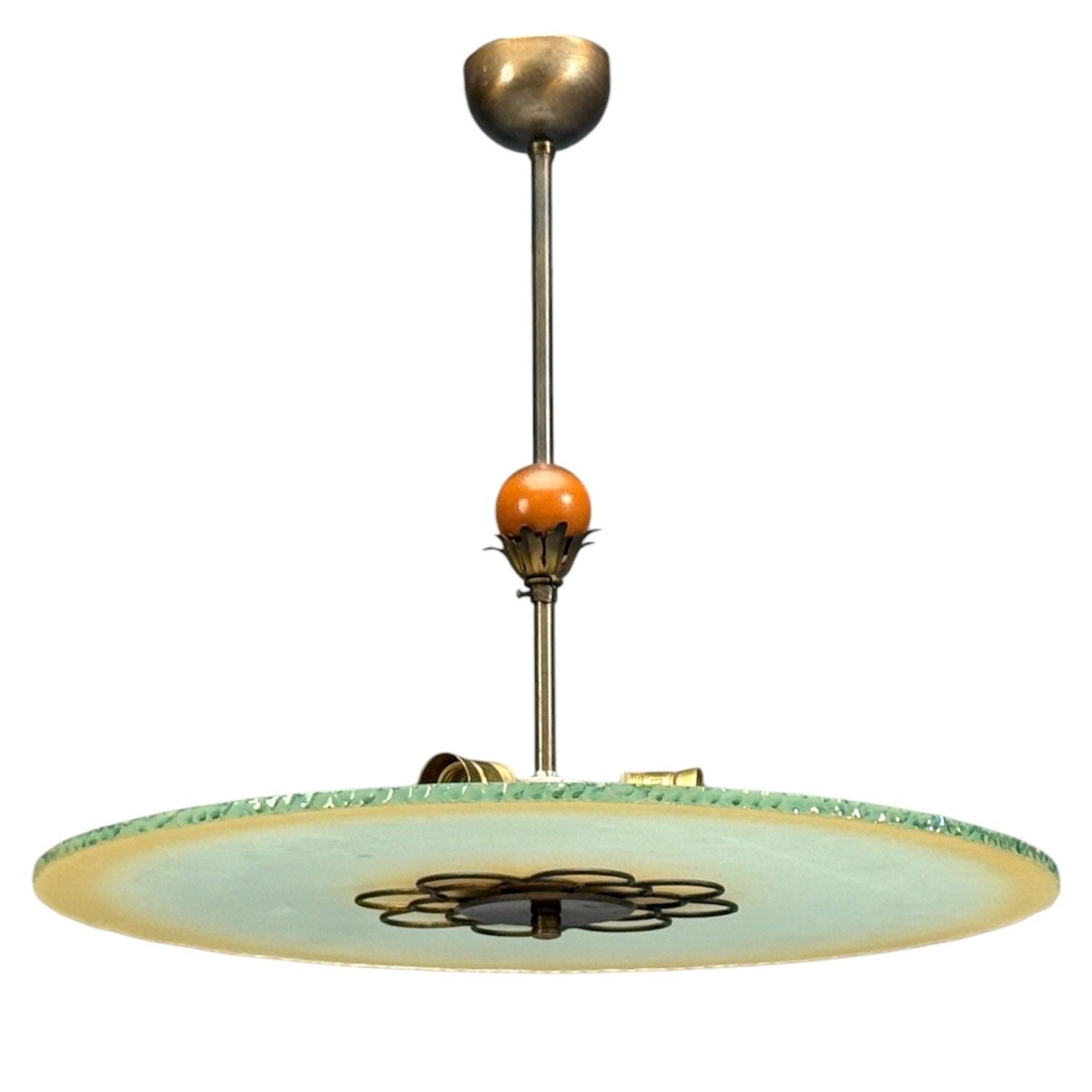 Swedish Modern, Pendant Light, Raw Glass, Wood, Sweden, 1940s