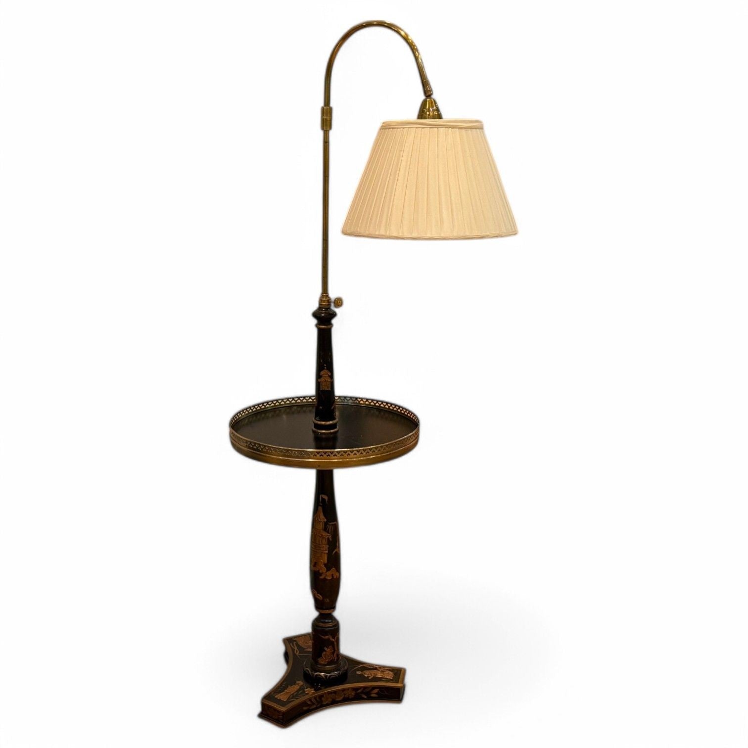 Chinoiserie Style, Crackle Lacquer, Giltwood, Floor Lamp with Shelf, USA, 20th C