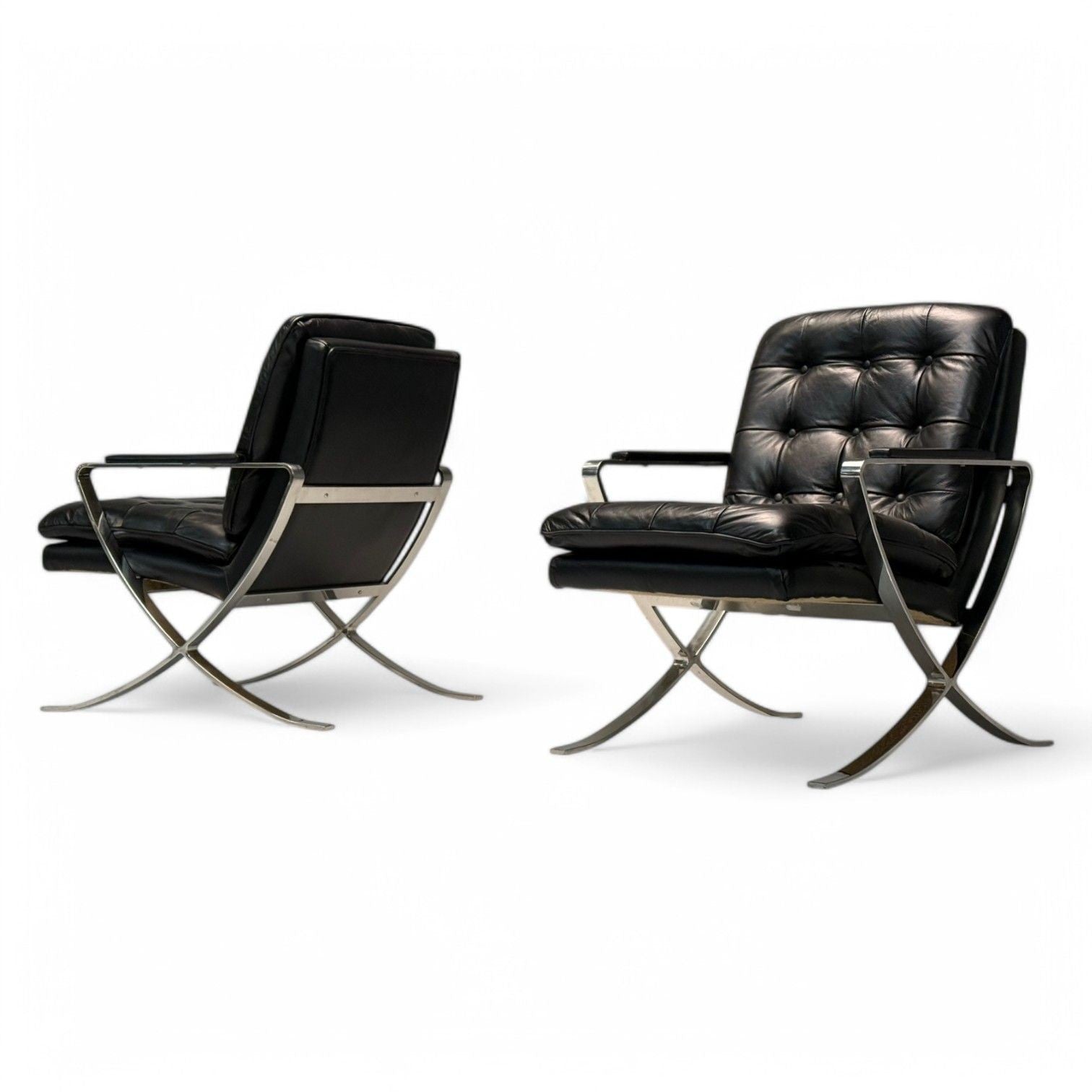 American Mid-Century Modern, Black Leather, Chrome, Lounge Chairs, USA, 1980s