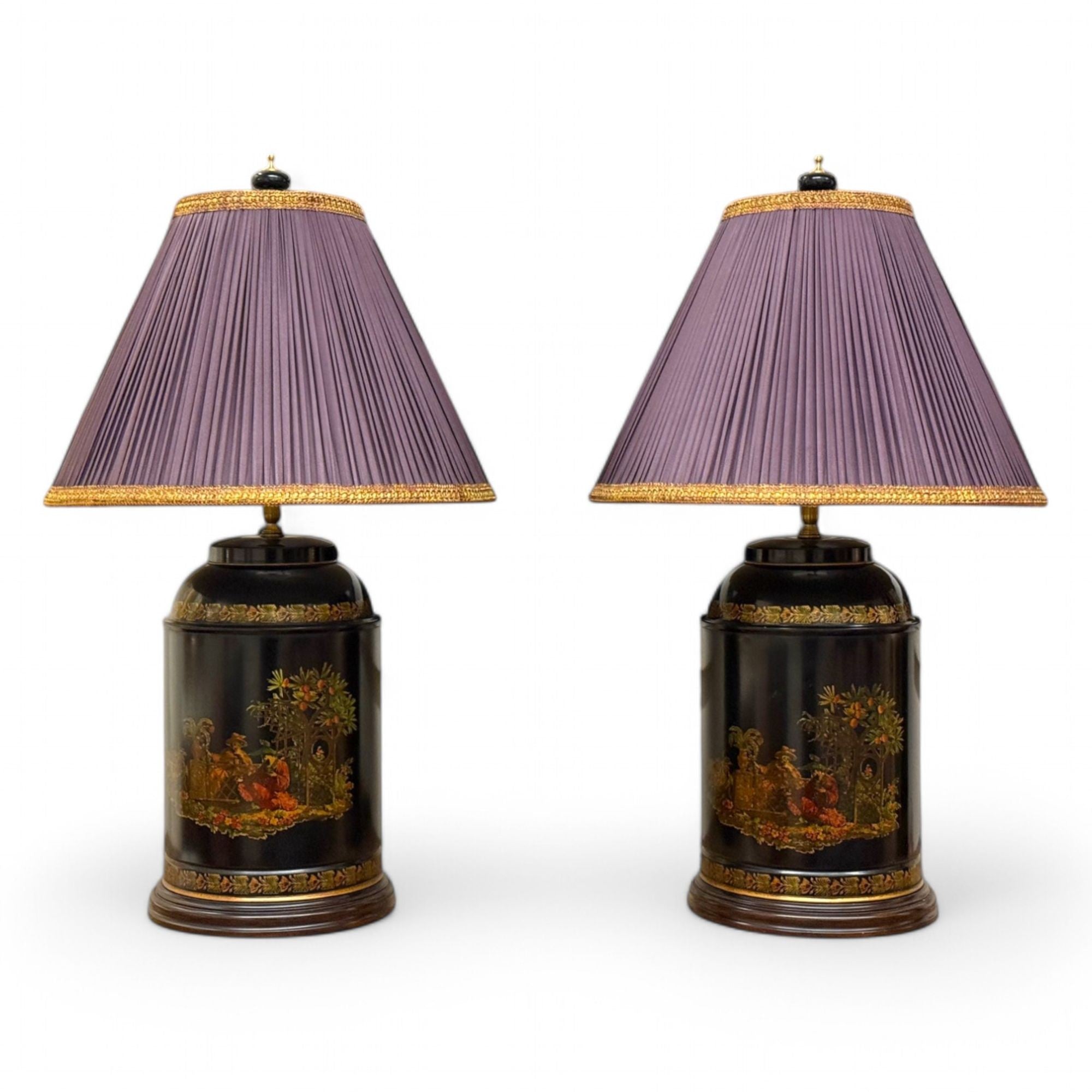 Chinese Export, Chinoiserie, Black Metal, Canister Lamps, Silk Shades, 1960s