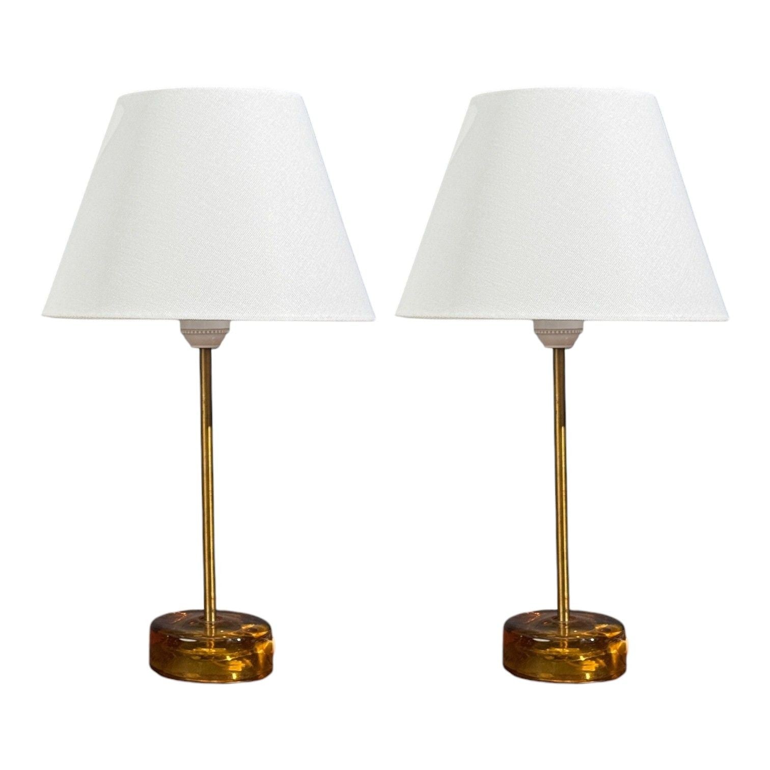 Nybro Armaturfabrik, Table Lamps, Amber Glass, Brass, Sweden, 1970s