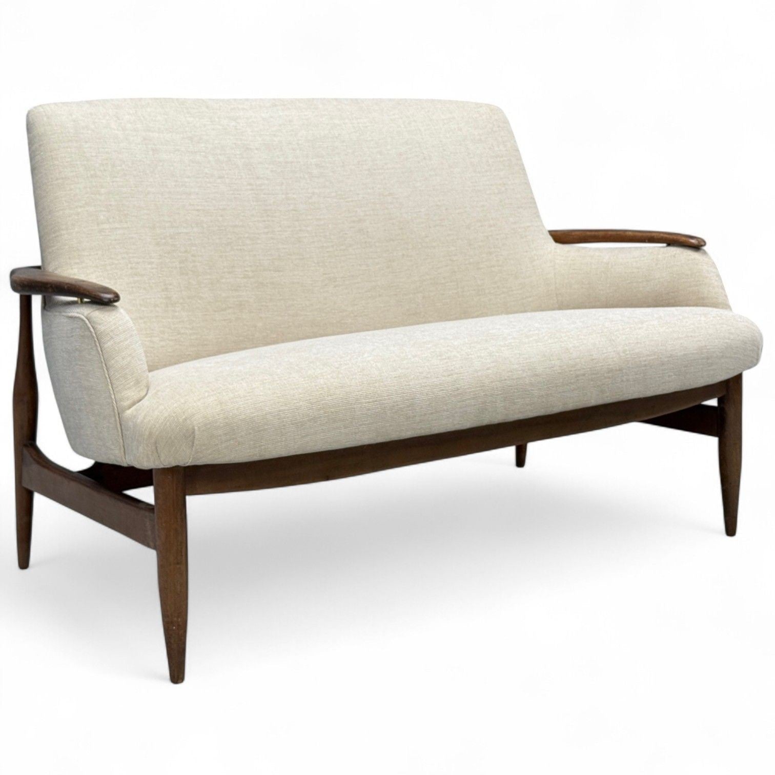 Finn Juhl Style, Danish Modern, Wood, Beige Fabric, Sofa, Denmark, 1950s