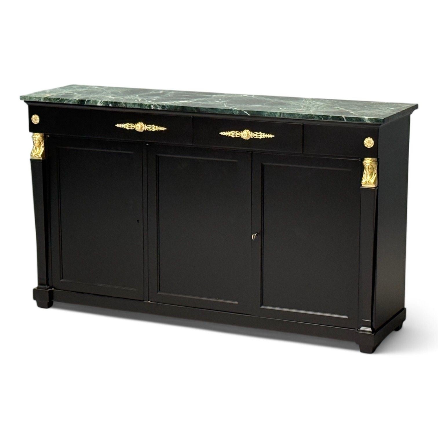 Hollywood Regency, Empire Style, Satin Black Wood, Bronze, Credenza, 1940s