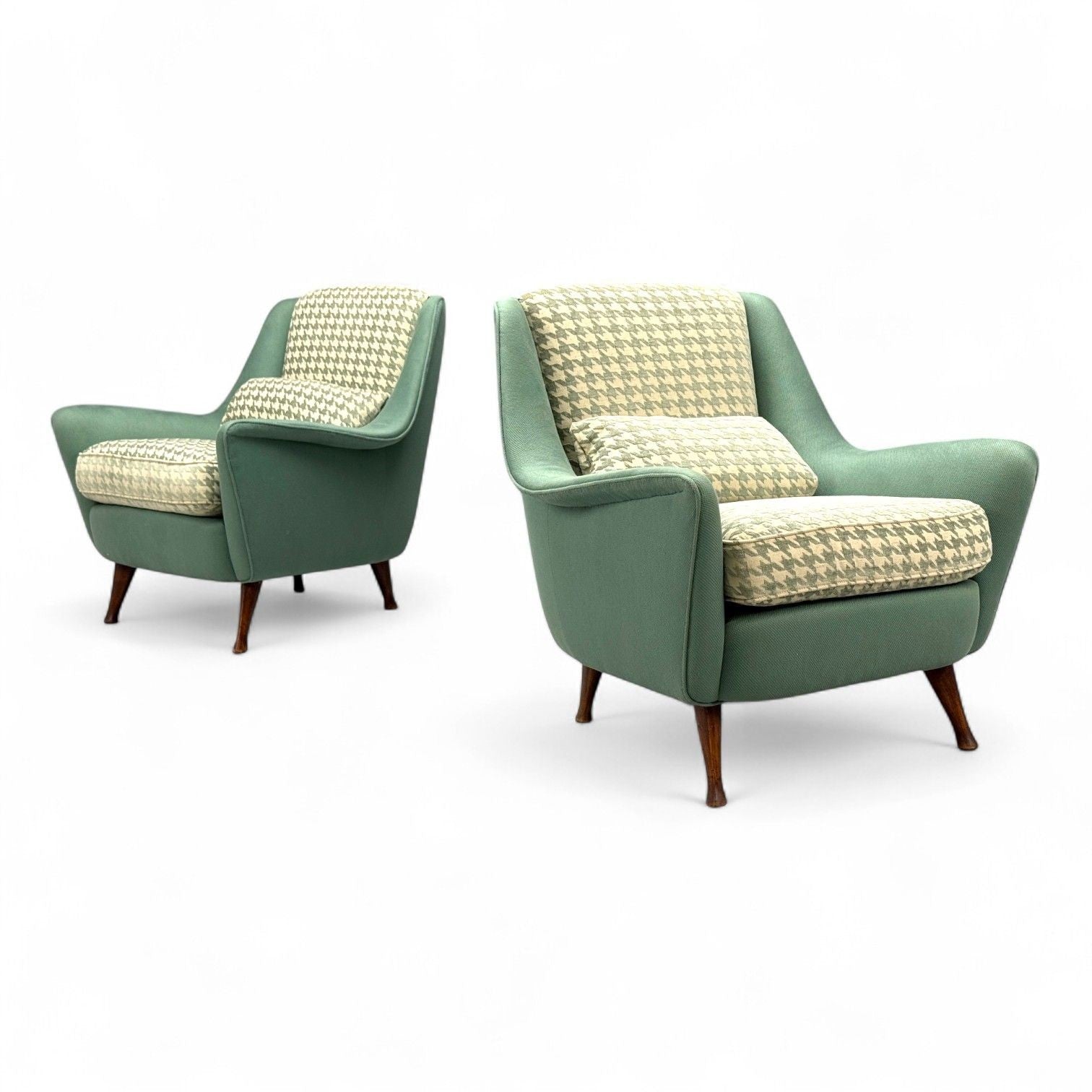 Carlo Pagani attr., Fabric, Wood, Lounge Chairs, Italy, 1950s