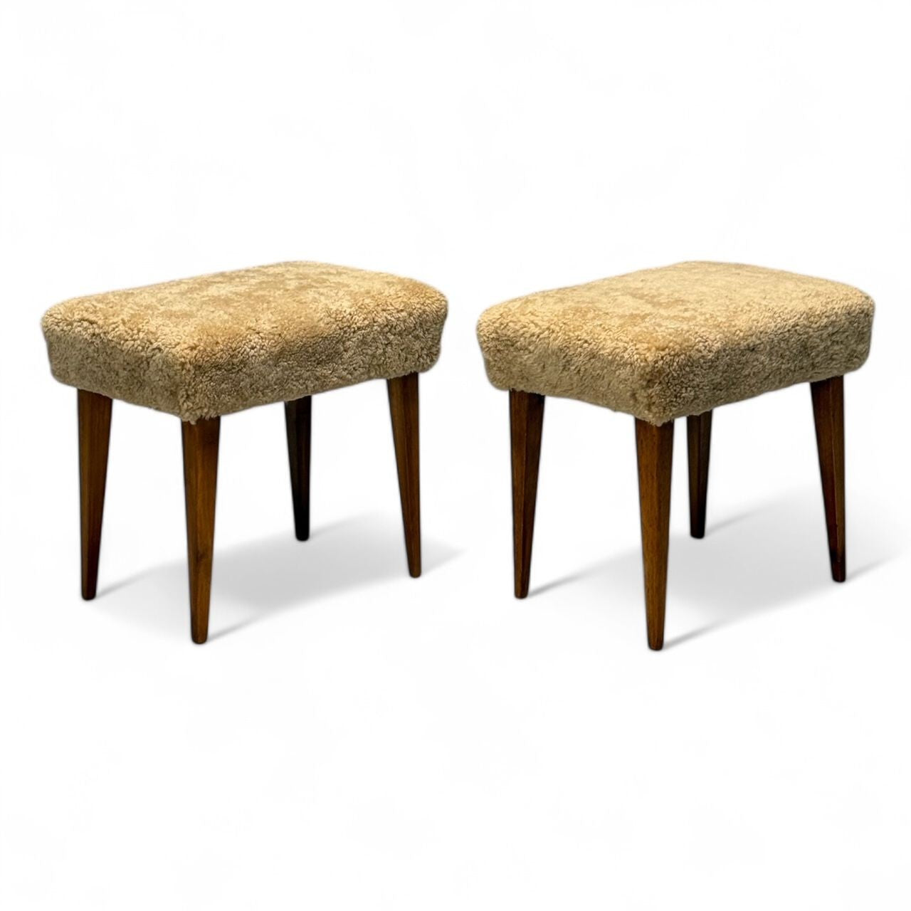 Mid-Century Modern, Footstools, Honey Sheepskin, Stained Wood, Italy, 1950s