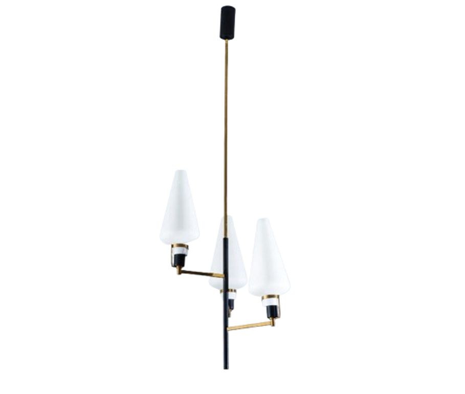 Italian Mid-Century Modern, Ceiling Pendant, Brass, Opaline Glass, Italy, 1950s