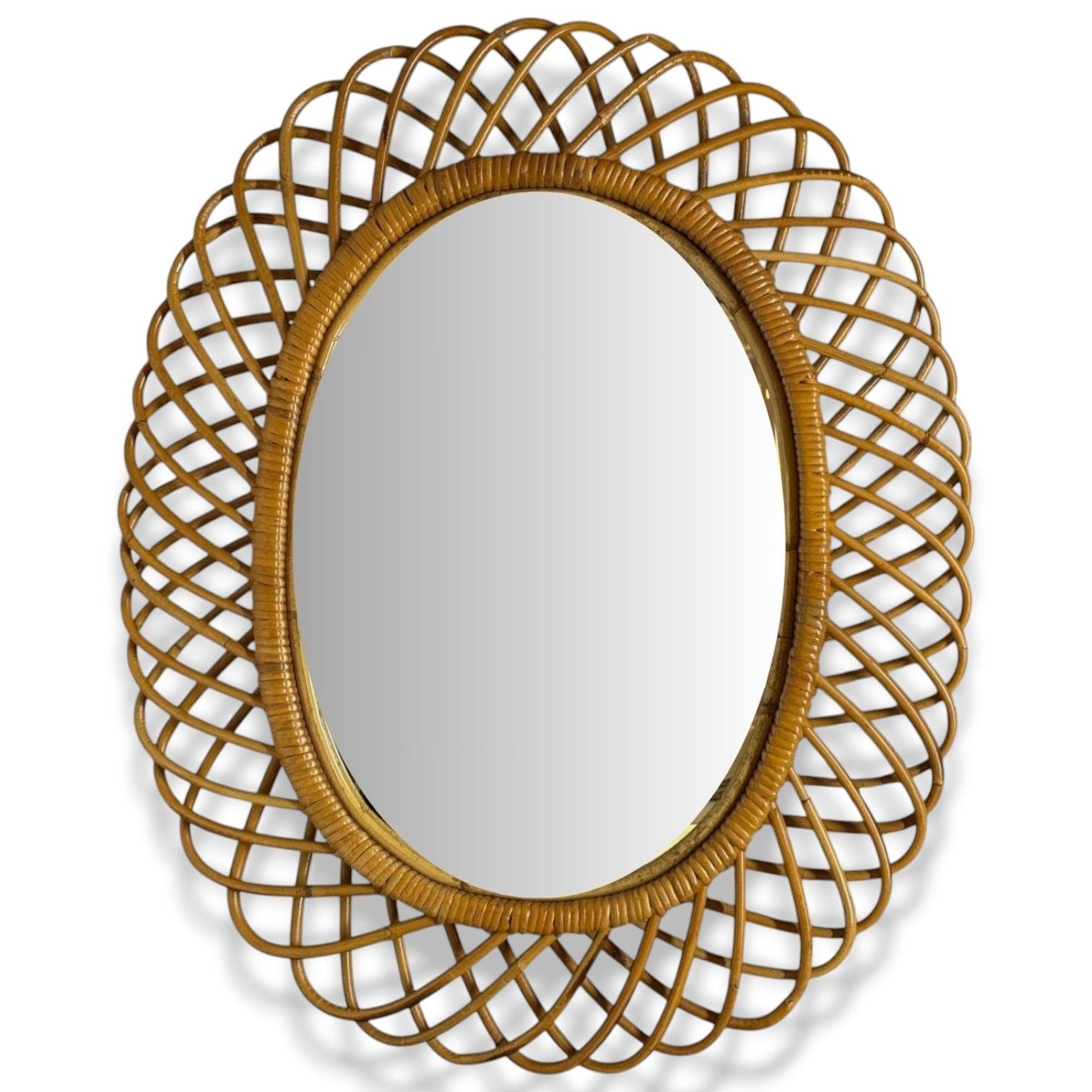 Italian Modern, Rattan, Bamboo, Wall Mirror, Italy, 1960s