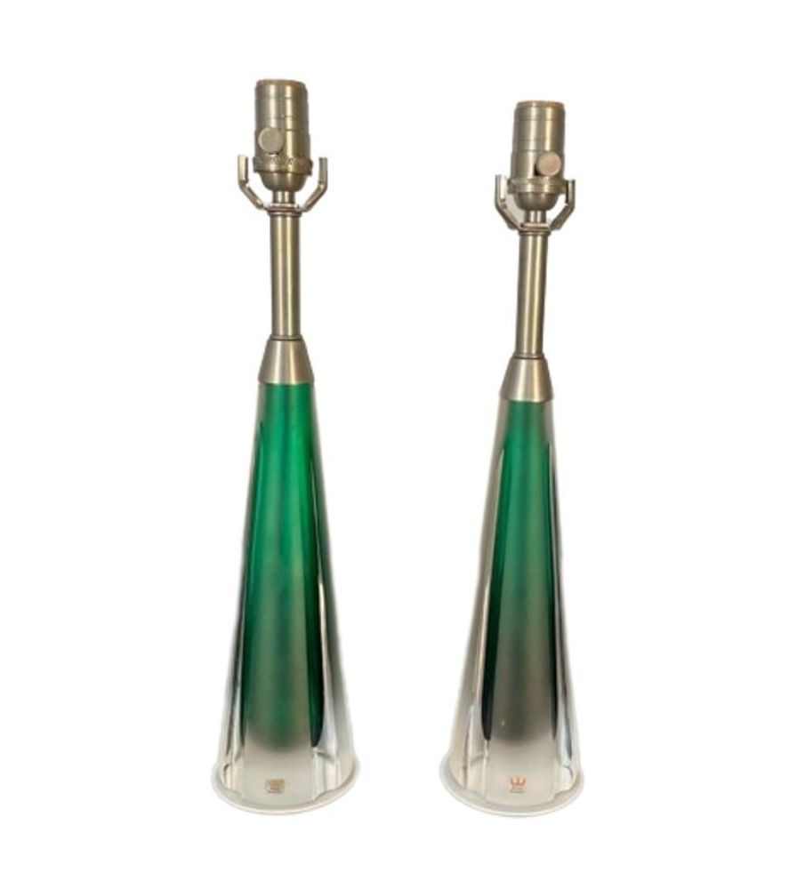 Pair of Swedish Mid-Century Modern Jade Green Kosta Lamps, Perfume Bottle Shape