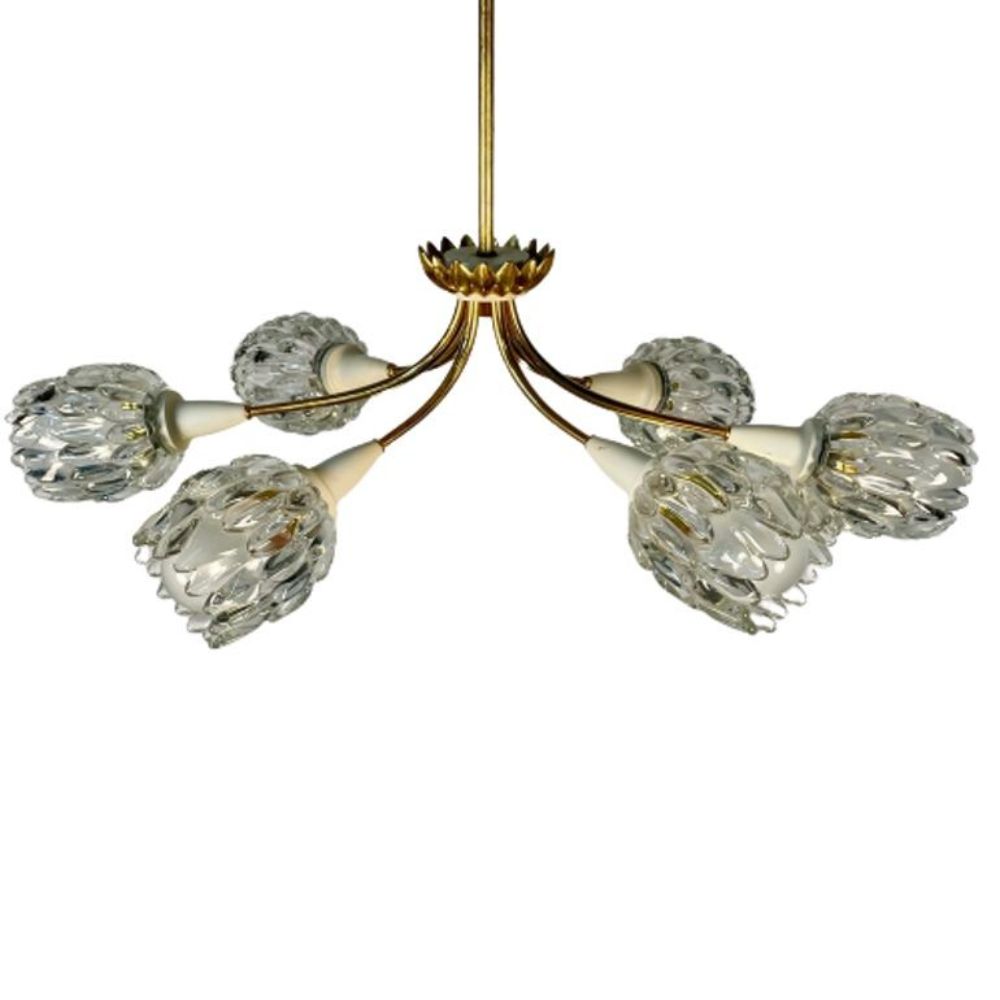 Italian Mid-Century Modern Six Light Brass Pendant / Chandelier, Textured Glass