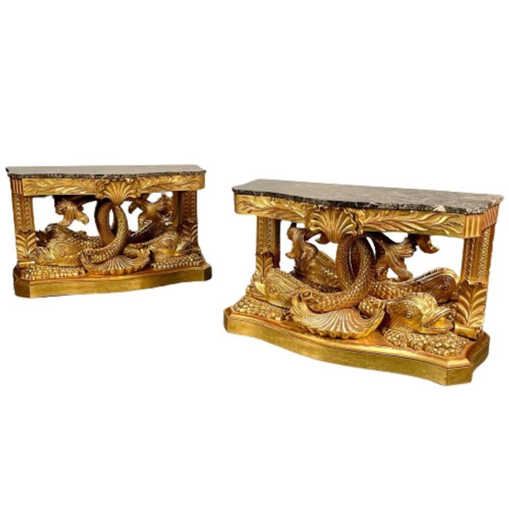 Pair of French Wood Carved Dolphin Console Tables, Pier Tables, Giltwood