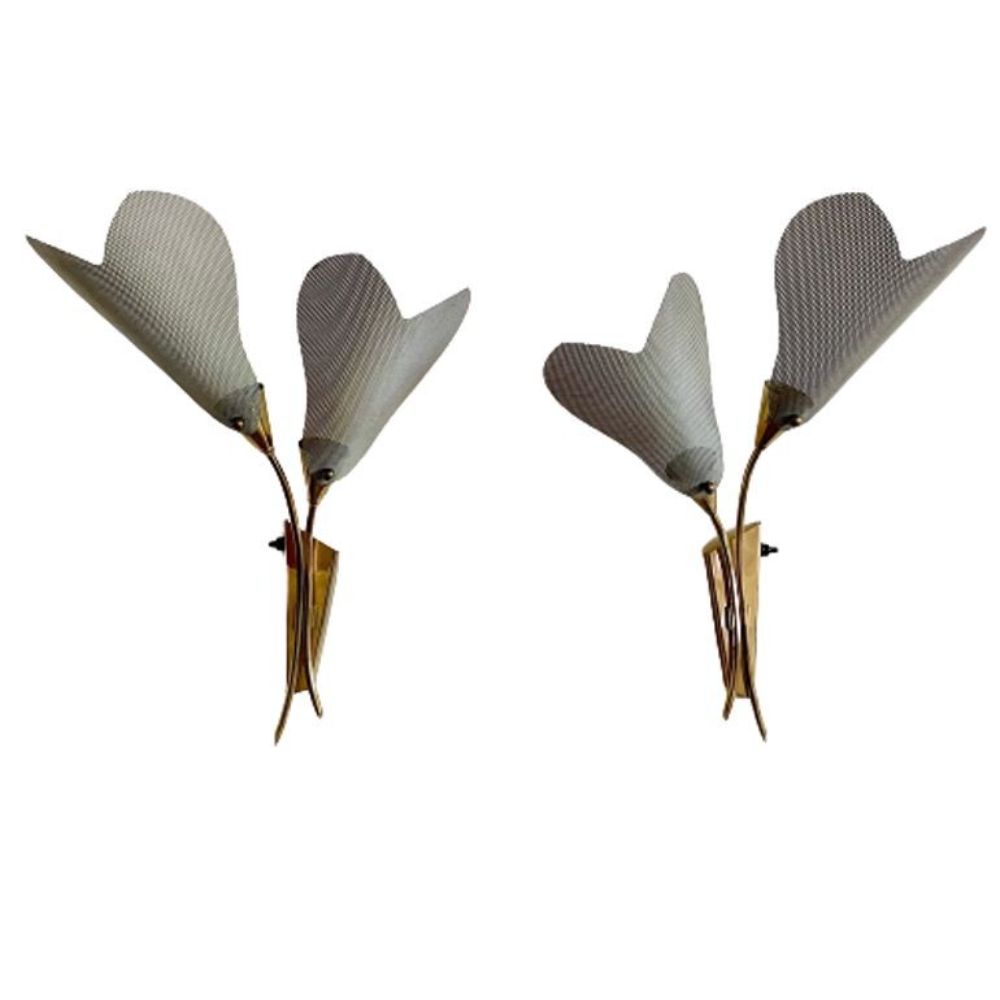 Pair of Italian Mid-Century Modern Sculptural Flower Sconces, Brass, 1940s