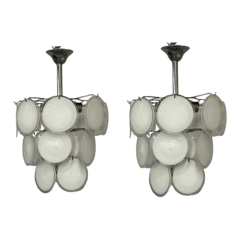 Mid-Century Modern Style Small White Murano Glass Disk Chandeliers / Pendants