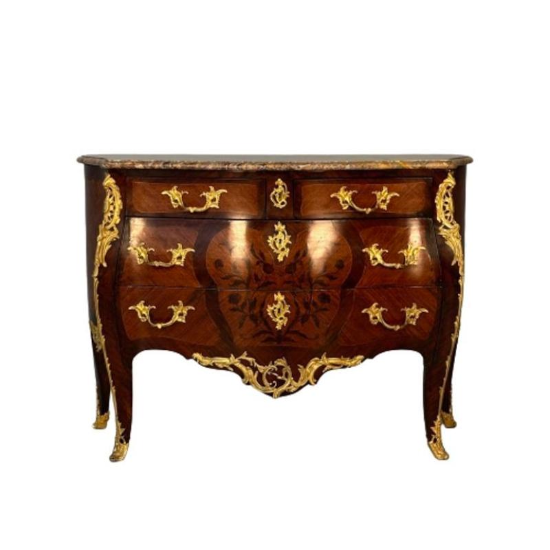 19th Century French Bombe Louis XV Style Marble Top Commode with Floral Inlays