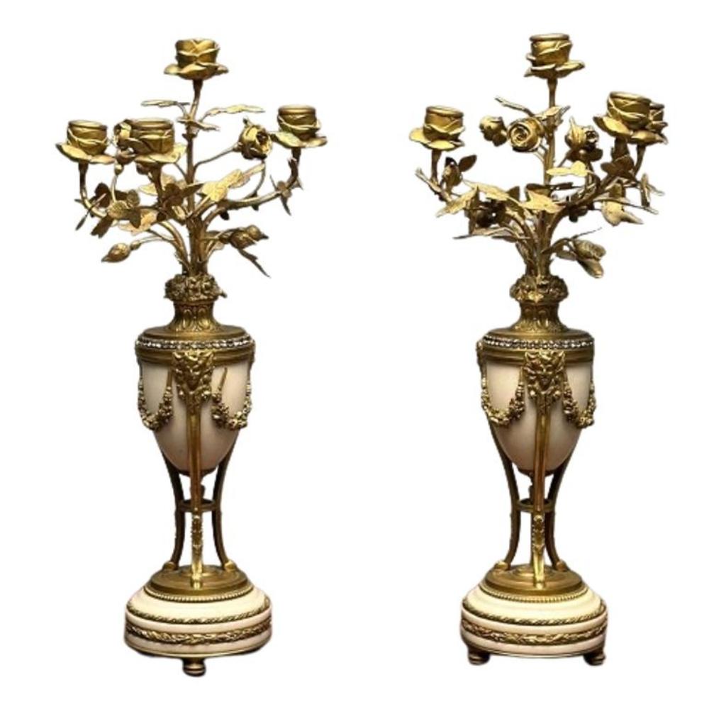 Pair of Louis XVI Style Bronze and Marble Four-Light Candelabra, Jeweled