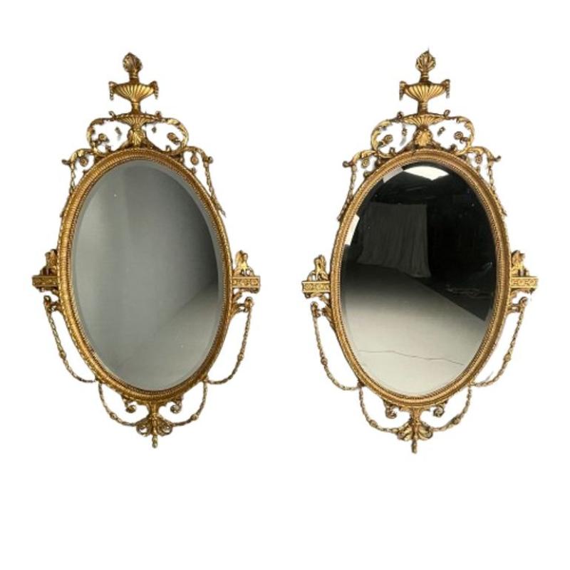 Pair of English Regency Style Gilt Wood Oval Mirror, Wall, Console, Over Mantle