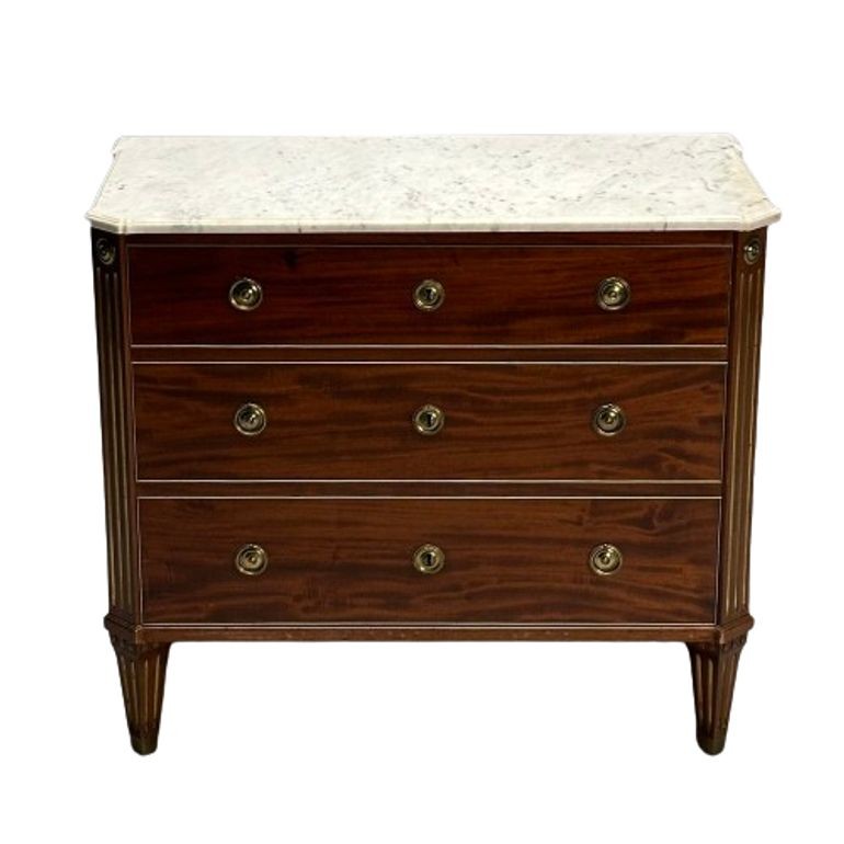 Gustavian, Louis XVI Style, Swedish Chest, Walnut, Brass, Marble, Sweden, 1960s