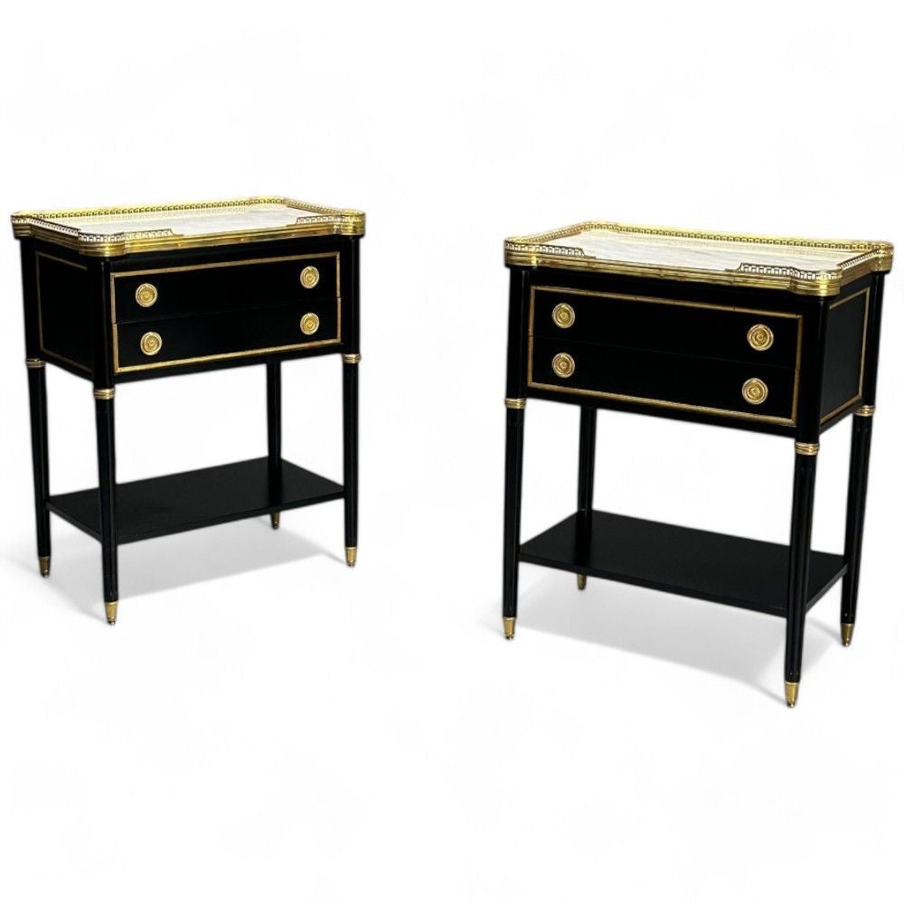 Maison Jansen Style, Hollywood Regency, Brass, Marble, Ebonized Nightstands