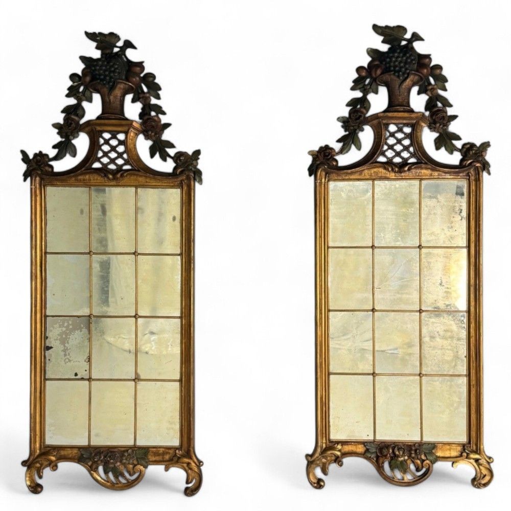 Louis XVI, Wall Mirrors, Giltwood, Antiqued Mirror, Fruitewood Motif 20th C.