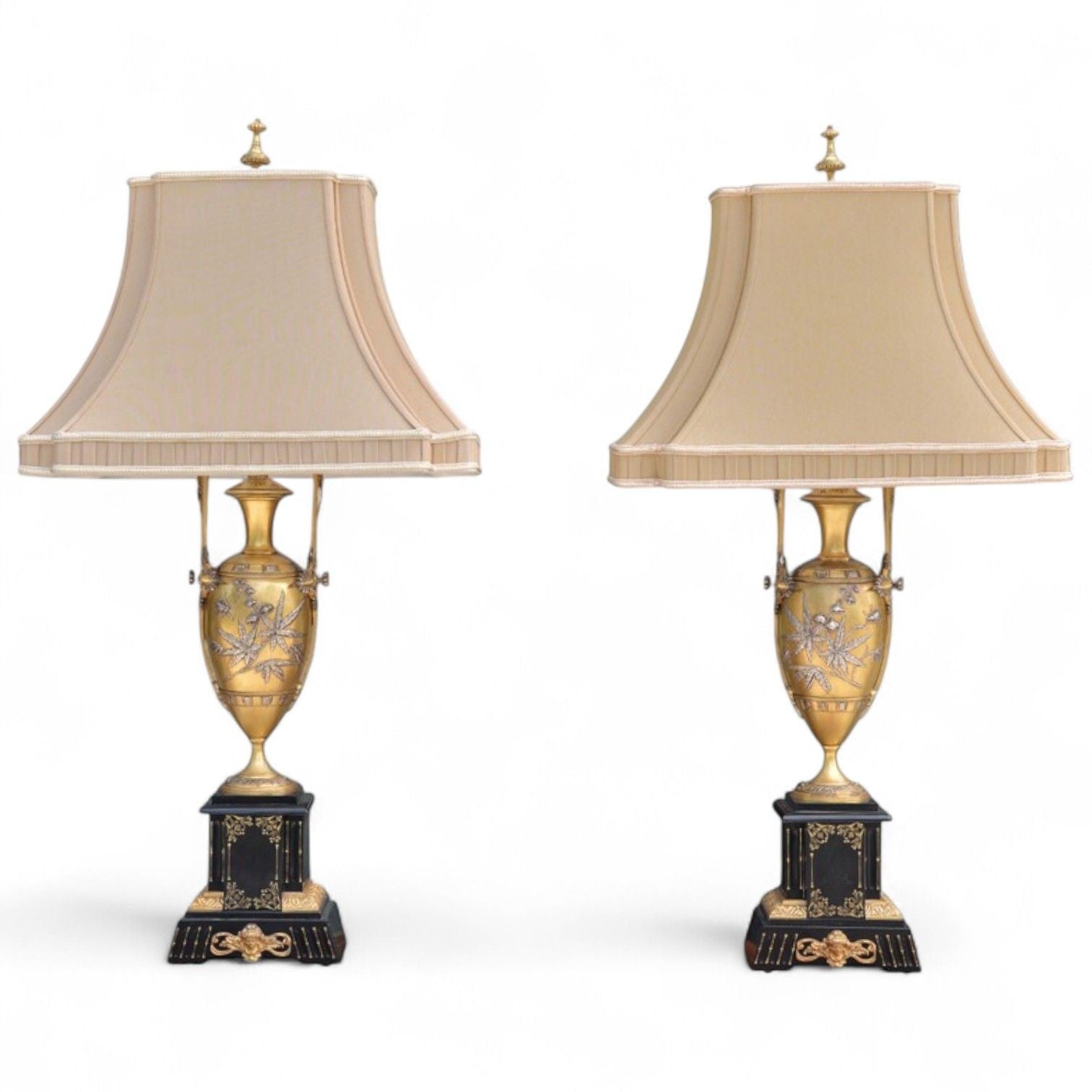 Art Nouveau Style, Bronze, Ebony, Linen, Table Lamps, France, 1920s